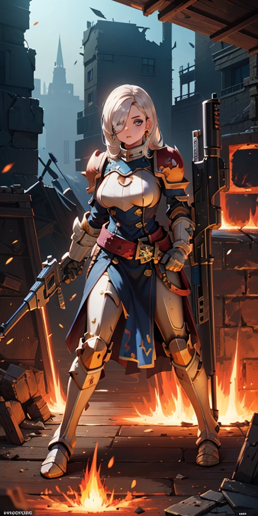 (masterpiece:1.2), (best quality:1.2), perfect eyes, perfect face, perfect lighting, 1girl, mature whsororitas with a laser rifle in her hands, scar over one eye, eyepatch, red tabard, white hair, warhammer 40k, chaos, fire, scifi, detailed ruined city background, power armor