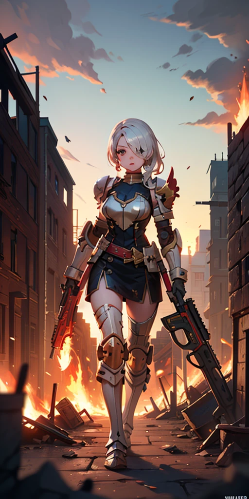 (masterpiece:1.2), (best quality:1.2), perfect eyes, perfect face, perfect lighting, 1girl, mature whsororitas with a laser rifle in her hands, scar over one eye, eyepatch, red tabard, white hair, warhammer 40k, chaos, fire, scifi, detailed ruined city background, power armor