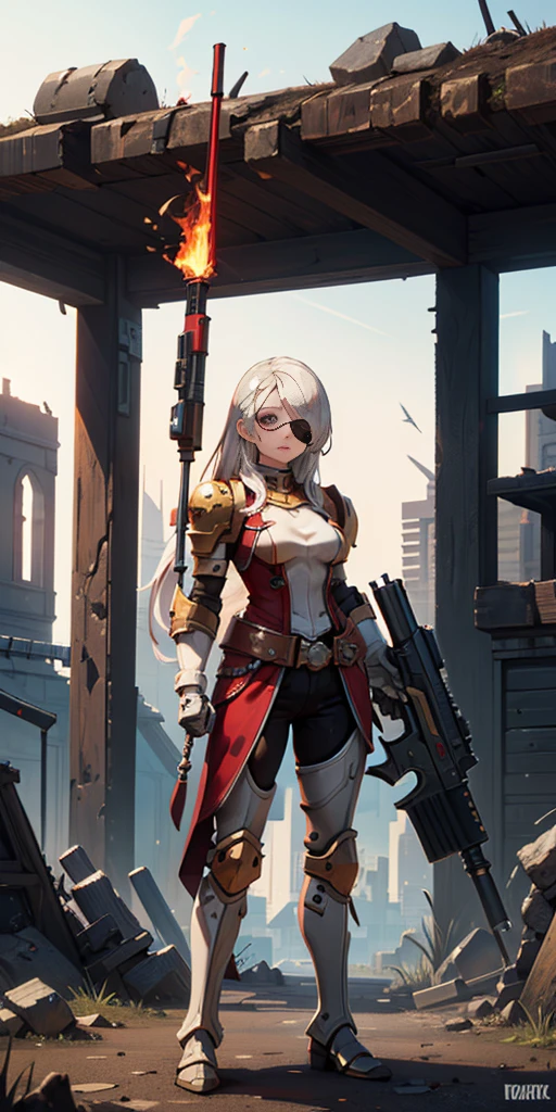 (masterpiece:1.2), (best quality:1.2), perfect eyes, perfect face, perfect lighting, 1girl, mature whsororitas with a laser rifle in her hands, scar over one eye, eyepatch, red tabard, white hair, warhammer 40k, chaos, fire, scifi, detailed ruined city background, power armor
