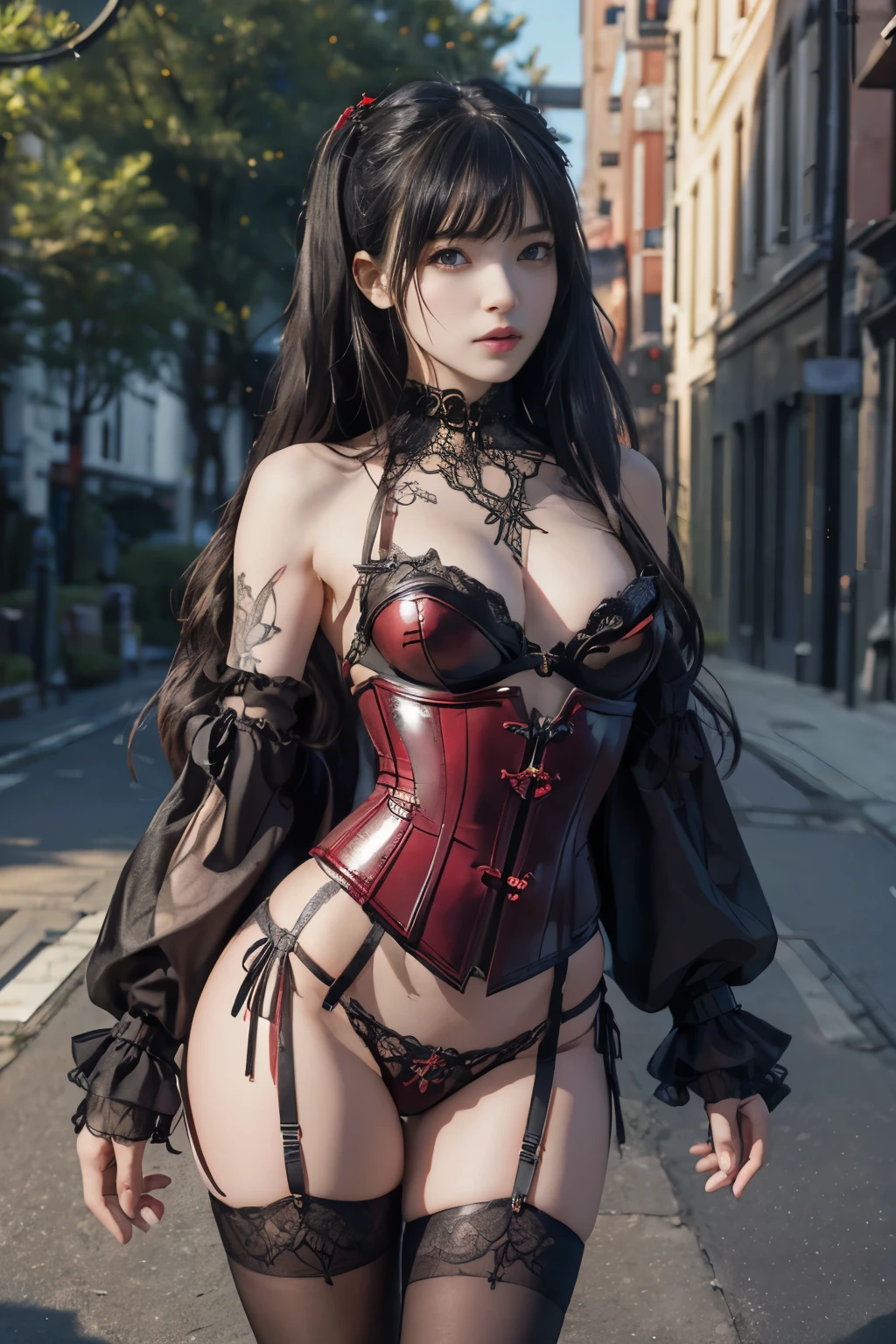 highest quality, masterpiece, Ultra-high resolution, (Reality: 1.9), (((Absolute full-length image,Front view))),Japan Maiden 、 ((Ultra-Realistic Details)) 、 Portrait 、 Global Illumination 、 Shadow 、 Octane Rendering 、 In 8K 、 Ultra Sharp 、 ( Crimson leather corset and panties、garter belt)、 ((Bondage meets goth)) 、Intricate decorative details 、 Cool colors 、 Very intricate detail 、 Realistic Light 、 CG Trends、Sparkling Eyes、Facing the camera、Small breasts、Full body upright pose、back、The background is the cathedral