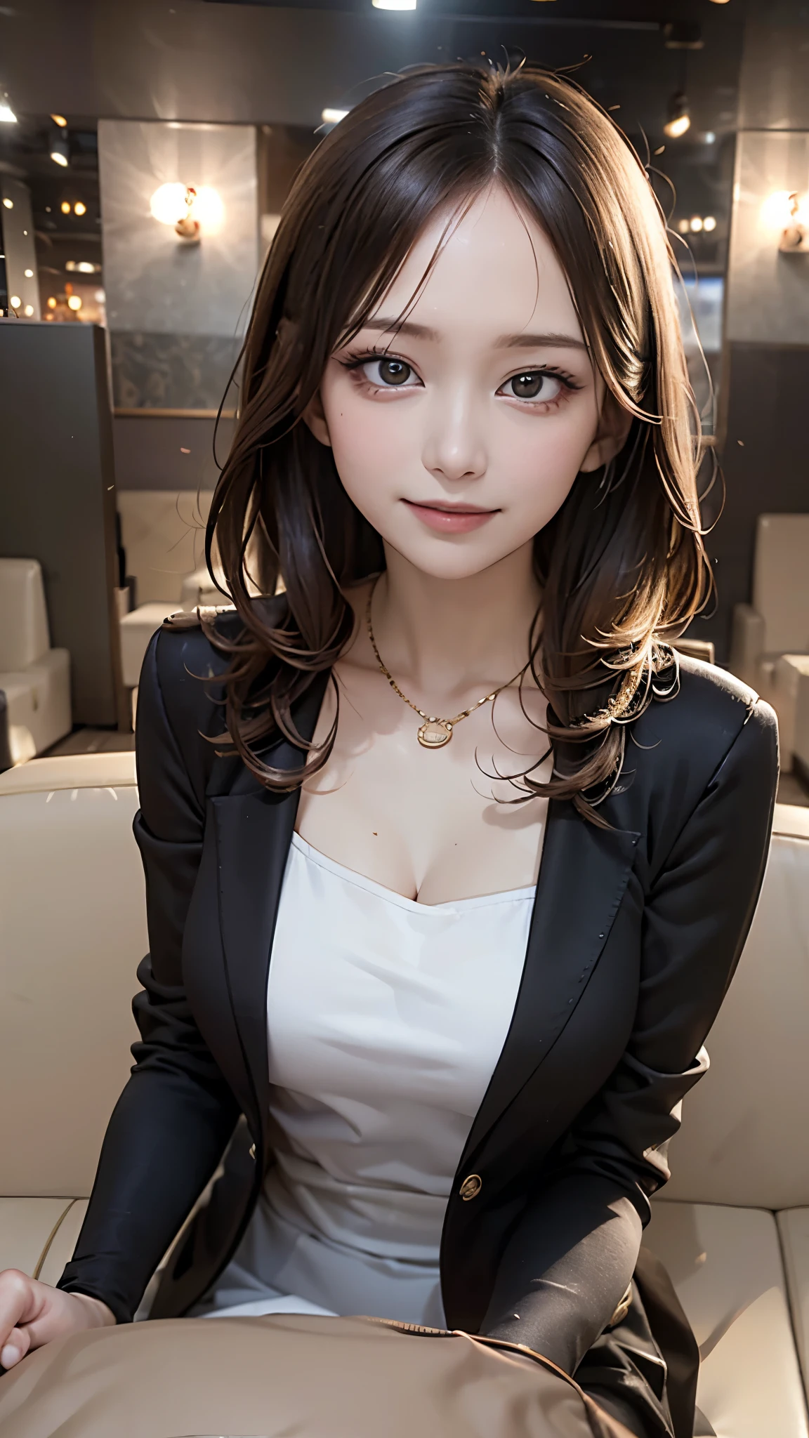 (masutepiece, Best Quality:1.2), 8K, 85 mm, Official art, Raw photo, absurderes, violaceaess, rosaceaess, gardeniass, Beautiful Girl, Pretty Face, close up, Upper body, Cinch West, Black Tailored Suit, Suit jacket, V-neck shirt, Looking at Viewer, (cleavage:0.7), Large breasts, Necklace, Film grain, chromatic abberation, Sharp Focus, face lights, clear lighting, Detailed face, (Bokeh background:1.2),(nightclub:1.5,Night lounge:1.5, hostess:1.6), ((Golden lighting))、(Velvet celebrity dress、Sit on a luxurious two-seater sofa、POV:1.5),(Big Breasts)