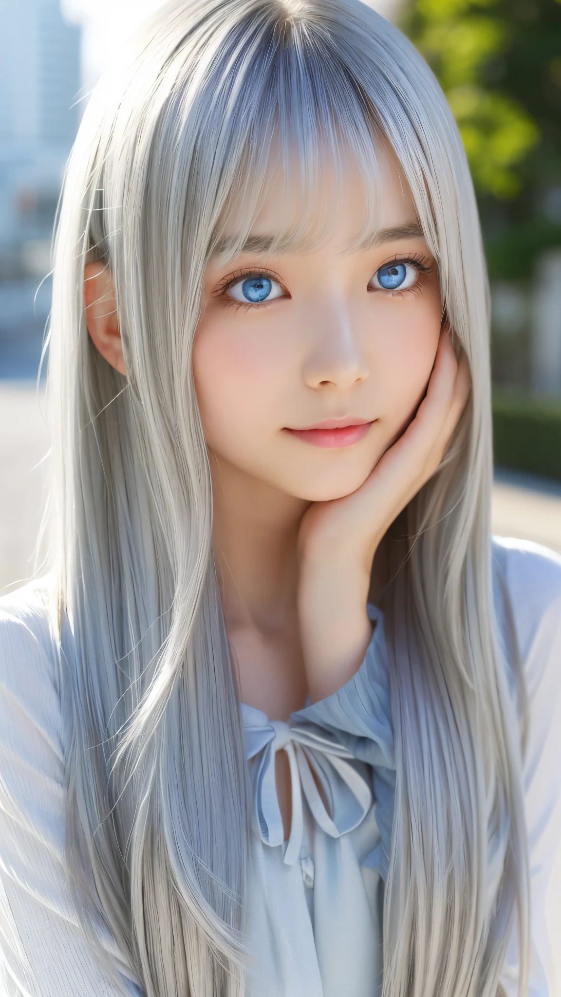 Shining, clear, white skin、Her windblown silver hair hides her beautiful face.、huge、Sexy beautiful face of 28 years old、Beautiful straight hair that stands out、growing up, Sparkling light blue eyes、Sexy long silky bangs covering the eyes, Sexy young woman with super long hair hiding her sexy face、Shining silver hair