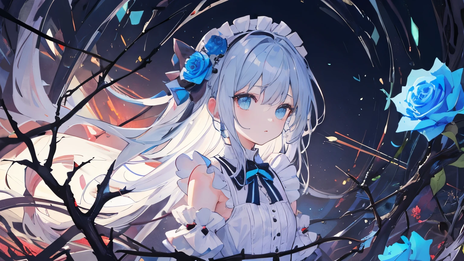 ((highest quality)), ((masterpiece)), (detailed), Perfect Face Flower Night Girl,Light blue long hair,Light blue maid outfit,Wearing blue rose thorns,Watching from afar,Young,small girl
