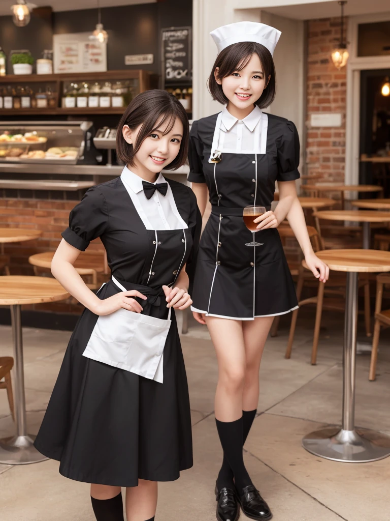 (highest quality),(8K),(masterpiece),(high resolution),(Crisp image quality),(Photorealistic:1.3),Three Women,The background is a cafe,Cafe attendant costume,Larger breasts、Short Hair,Full Body Shot,Waitress Uniform,smile