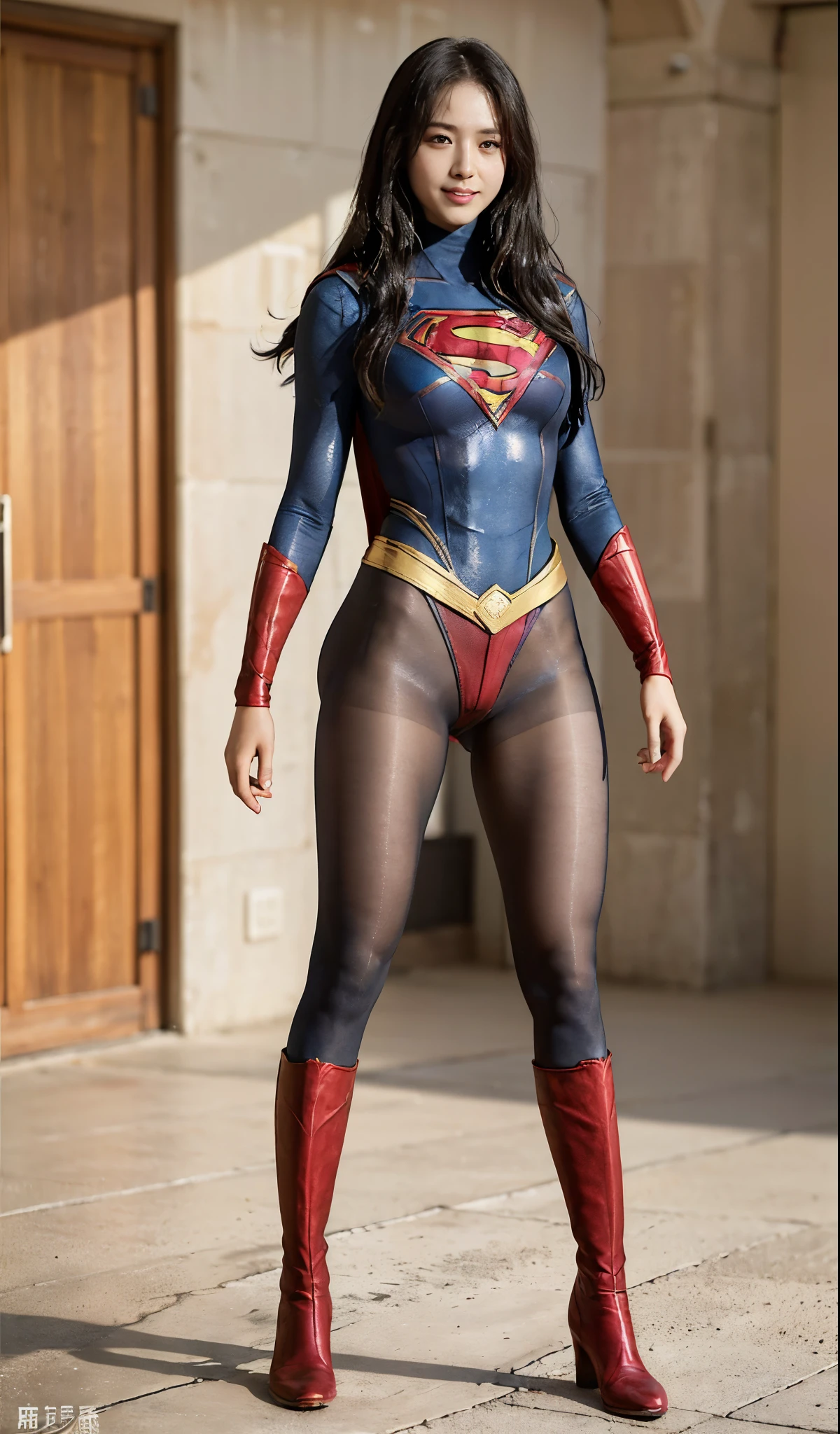 No background、(((Beautiful legs in black tights.)))、(((Legally express the beauty of your smile)))、((((Make the most of your original images)))、(((Supergirl Costume)))、(((Beautiful Hair)))、(((suffering)))、(((Please wear black tights....、Wear red boots)))、((Best image quality、8K))、((highest quality、8K、masterpiece:1.3))、(((Preserve background )))、Sharp focus:1.2、Beautiful woman with perfect figure:1.4、Thin abdominal muscles:1.2、Wet body:1.5、Highly detailed face and skin texture、8K