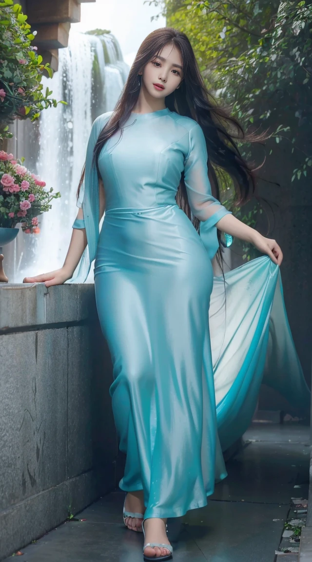 (8k, RAW photo, photorealistic:1.25) ,( lip gloss, eyelashes, glossy side, shiny skin, best quality, ultra high resolution, depth of field, chromatic aberration, caustic, wide light, natural shadow, Kpop idol) , Arad woman in blue dress and thigh socks standing under the waterfall, tall and thin beauty goddess, flowing dress, flowing dress, flowing dress, clouds, flowing realistic fabric, flowing aqua green silk, beautiful flowing fabric, Stunning young ethereal figure, wearing flowing dress, long flowing fabric, realistic beautiful young woman, flowing fabric, (wind: 1.3), blue sky in background, (full body: 1.5), yangmi