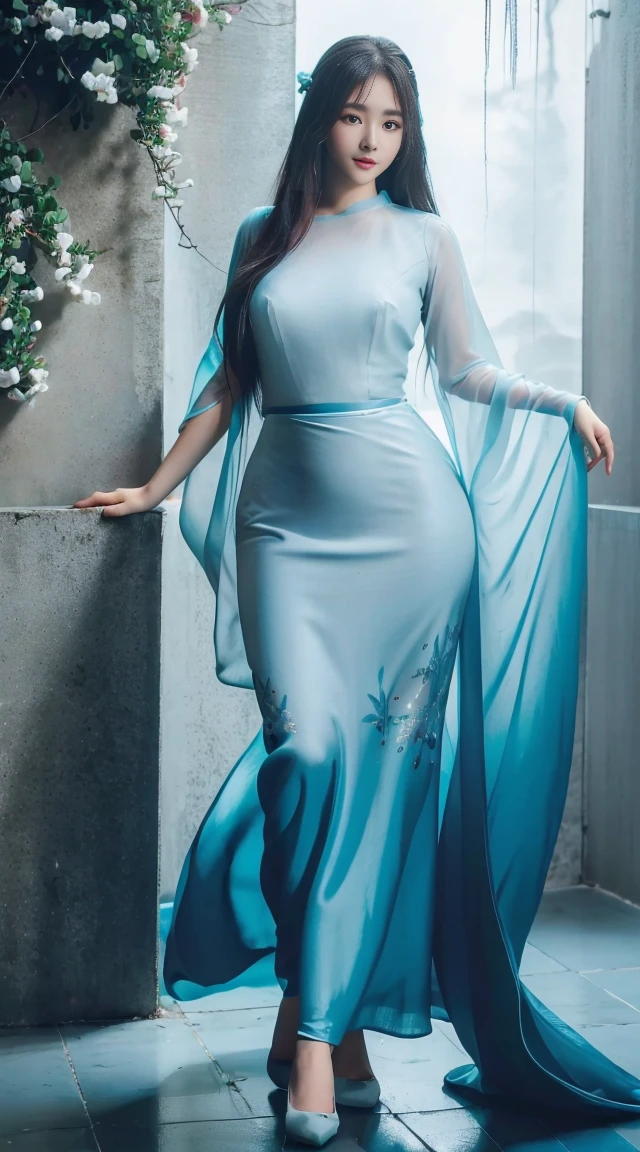 (8k, RAW photo, photorealistic:1.25) ,( lip gloss, eyelashes, glossy side, shiny skin, best quality, ultra high resolution, depth of field, chromatic aberration, caustic, wide light, natural shadow, Kpop idol) , Arad woman in blue dress and thigh socks standing under the waterfall, tall and thin beauty goddess, flowing dress, flowing dress, flowing dress, clouds, flowing realistic fabric, flowing aqua green silk, beautiful flowing fabric, Stunning young ethereal figure, wearing flowing dress, long flowing fabric, realistic beautiful young woman, flowing fabric, (wind: 1.3), blue sky in background, (full body: 1.5), yangmi