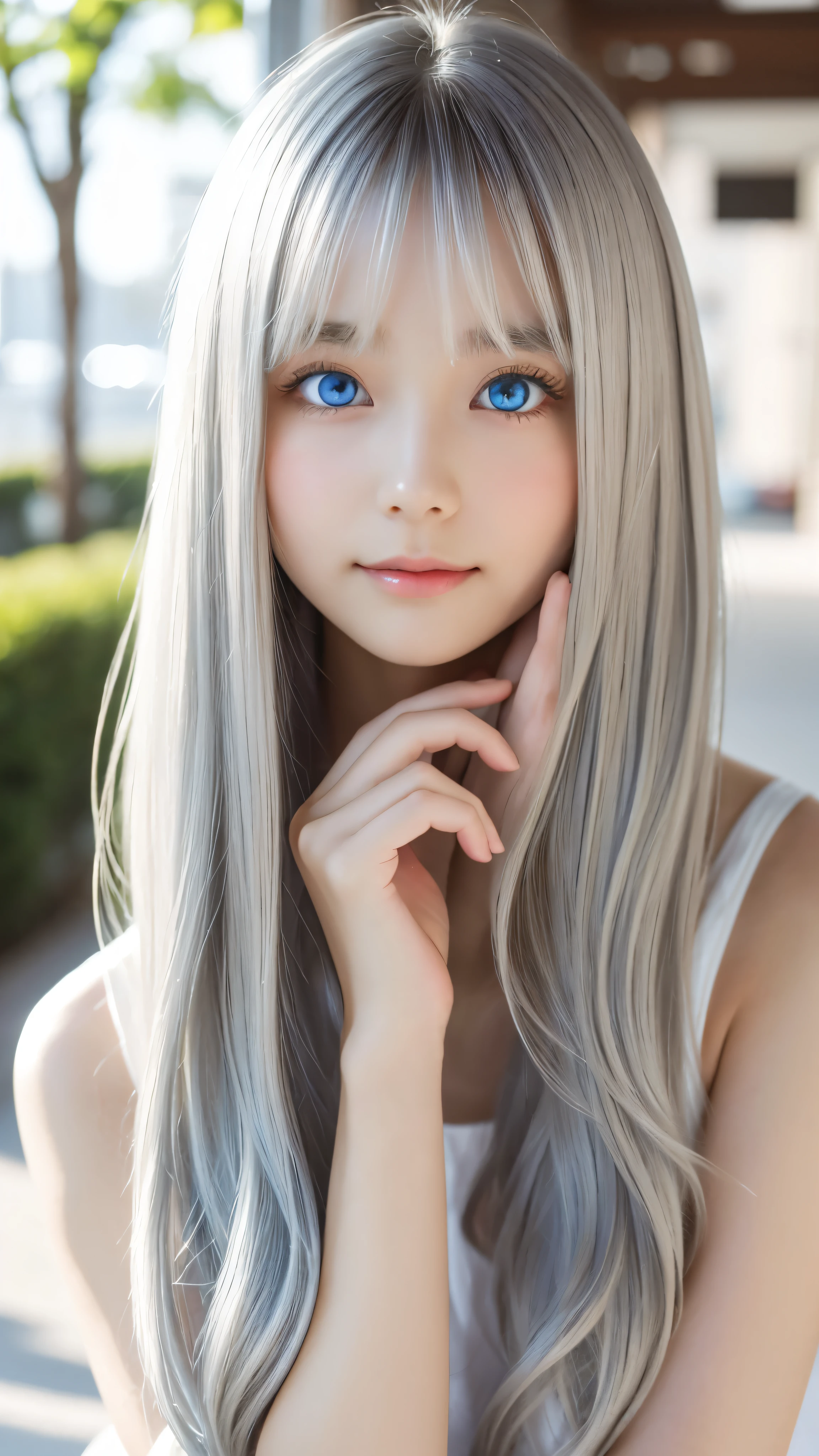 Shining, clear, white skin、Her windblown silver hair hides her beautiful face.、huge、28 years old cute sexy little beautiful face、Beautiful straight hair that stands out、growing up, Sparkling light blue eyes、long silky bangs that cover cute eyes, Sexy and cute young woman with super long hair hiding her sexy face、Shining silver hair