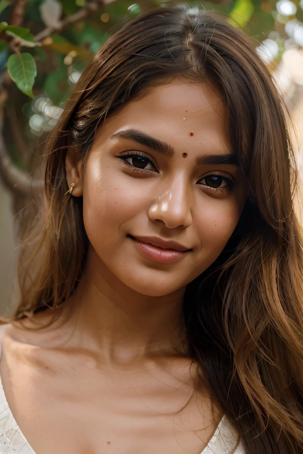 The face of an Indian woman with fair skin and brown-blonde hair. She has striking almond-shaped eyes, a straight, delicate nose, and full lips that curve into a gentle smile. Her brown-blonde hair frames her face in soft waves, with subtle highlights that catch the light. Her eyebrows are well-defined, accentuating her expressive eyes, and her complexion is clear and radiant, reflecting her natural beauty.
