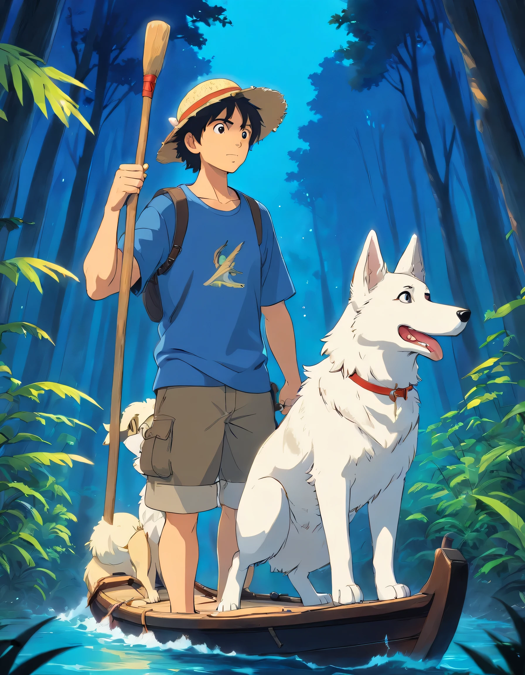 Homem, adventure hero, a boat oar is your weapon, wears a straw hat, usa bermuda preta, usa camiseta azul marinho, night forest background, a white shepherd dog is your companion,