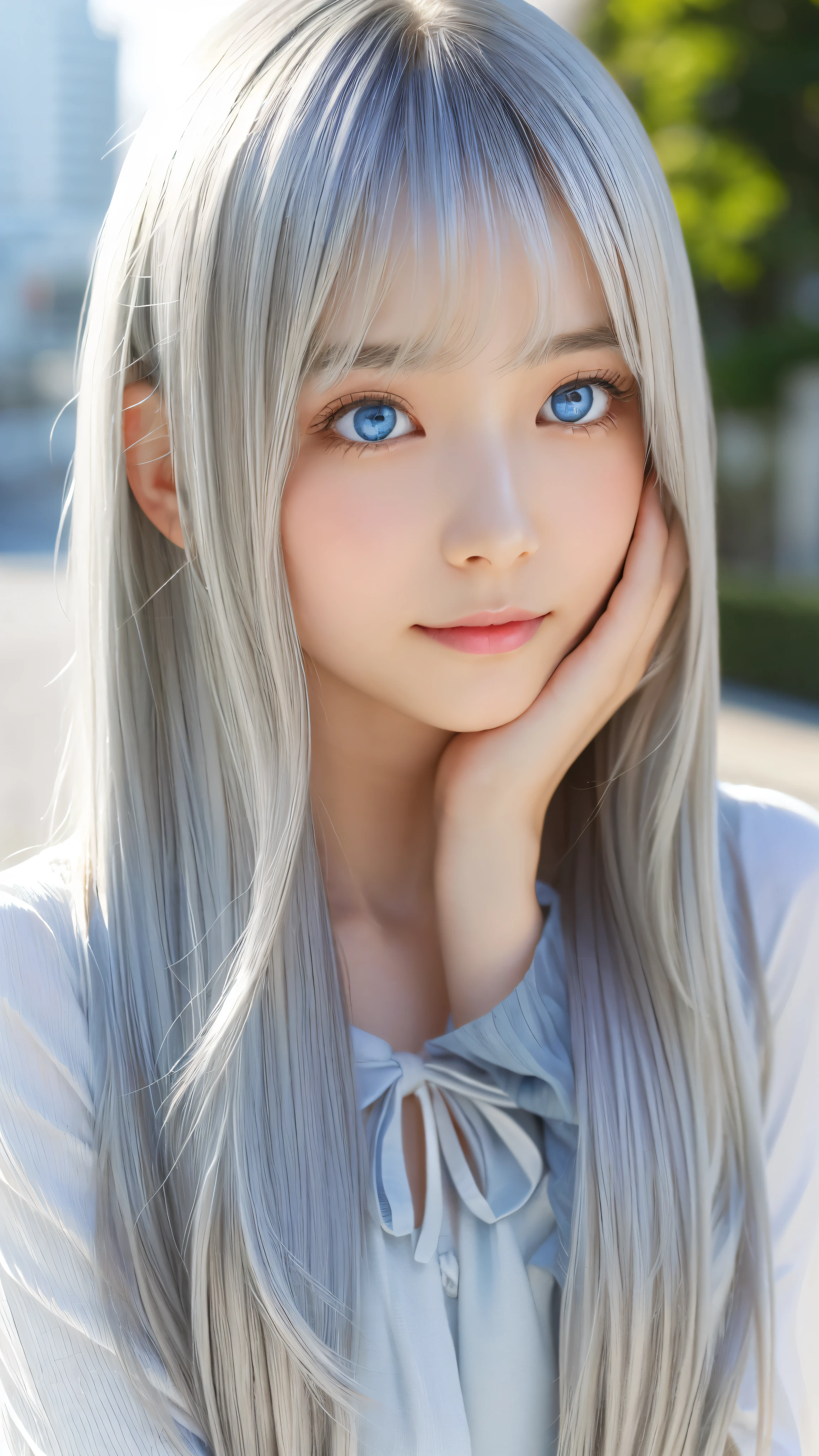 Shining, clear, white skin、Her windblown silver hair hides her beautiful face.、huge、Sexy beautiful face of 28 years old、Beautiful straight hair that stands out、growing up, Sparkling light blue eyes、Sexy long silky bangs covering the eyes, Sexy young woman with super long hair hiding her sexy face、Shining silver hair