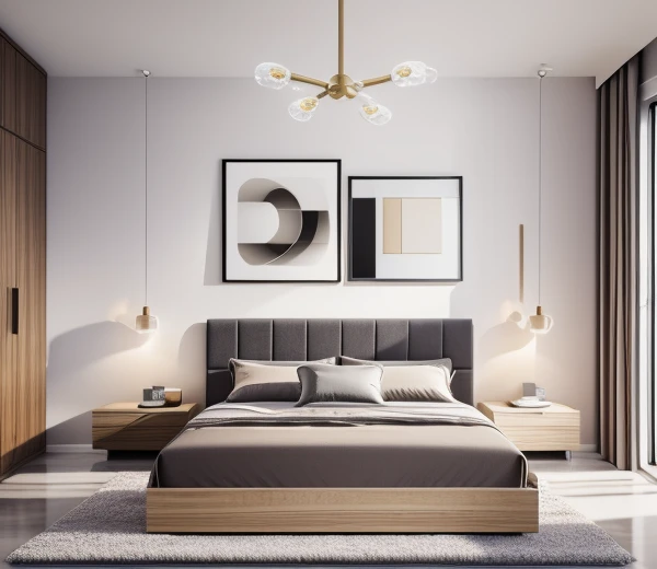 Real-photos , modern bedroom,stunning-design, modern-style, shadows, volumetric lighting, shadows, high end photography, fidelity, bright details, sharp, unique, award winning photography, Canon EOS 5D Mark IV DSLR camera, f/ 6, ISO 100, 1/ 250 sec, uhd, 8k, natural soft light Of course, best quality, Super high resolution