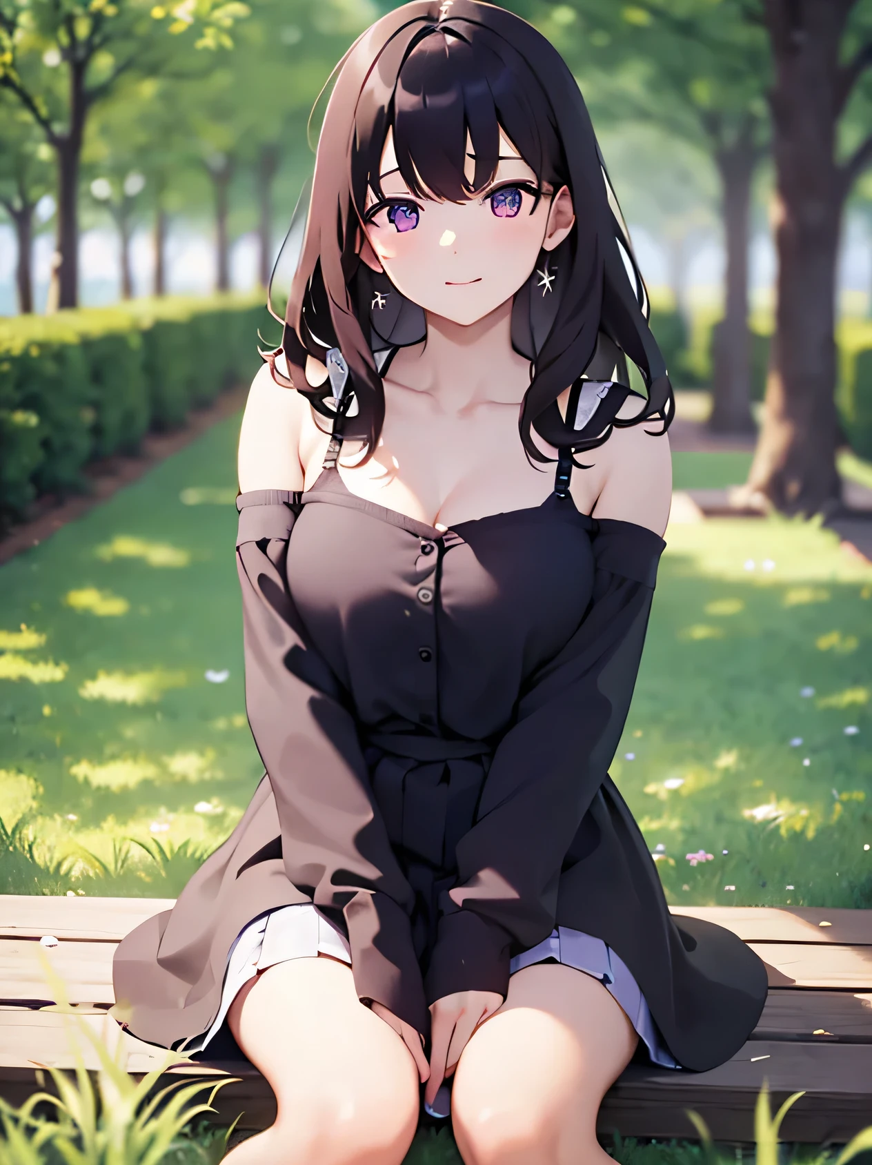 hand between legs、 Are standing、Upper Body, Realistic, Real person, (Pale skin: 1.2), RAW Photos, Realistic, Portrait Photography, Shiny skin, Japanese Idols、Shiny Hair、(A 33-year-old woman with medium-length wavy hair and bangs) and (Black Hair) and (Purple eyes) ,（pastel pink dress：1.5）、Smiling face、The background is a park、alone、Are standing