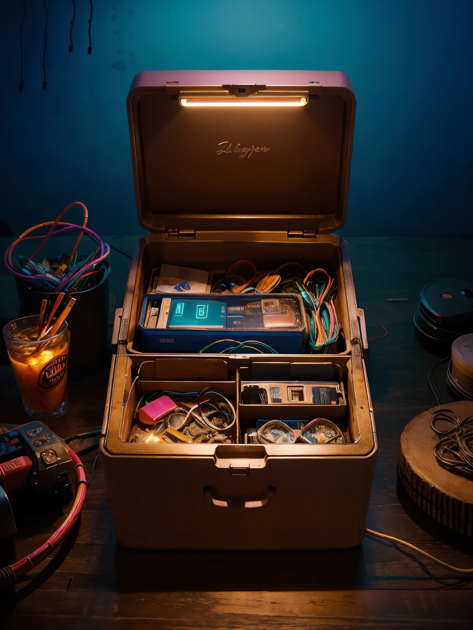 Digital Junk drawer with neon lights, cables, depth of field, album cover art
