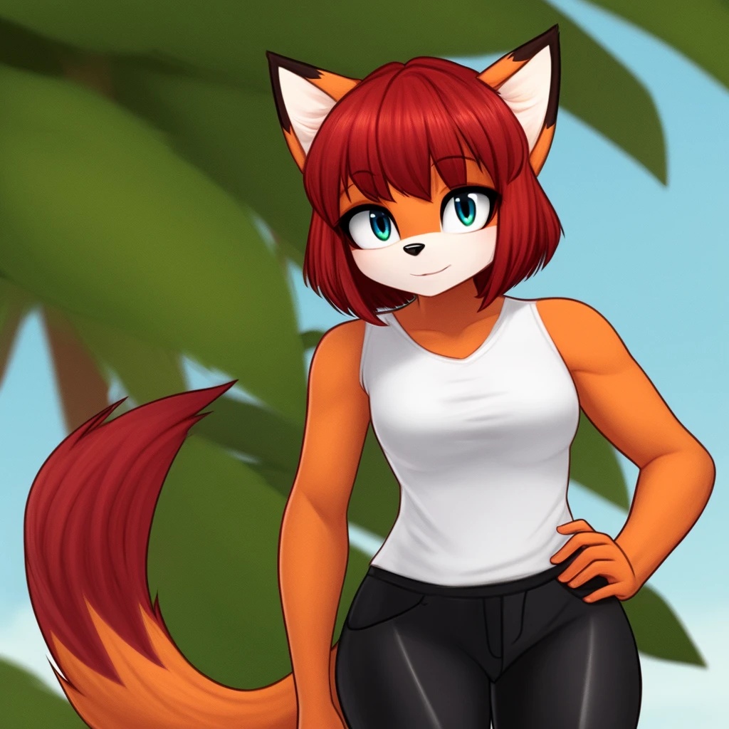 absolute unit, furry female, green eyes, black pants, short hair, sleeveless shirt, red hair, bangs, orange fur, blue eyes, fox mobian, toned, white shirt, black pants
