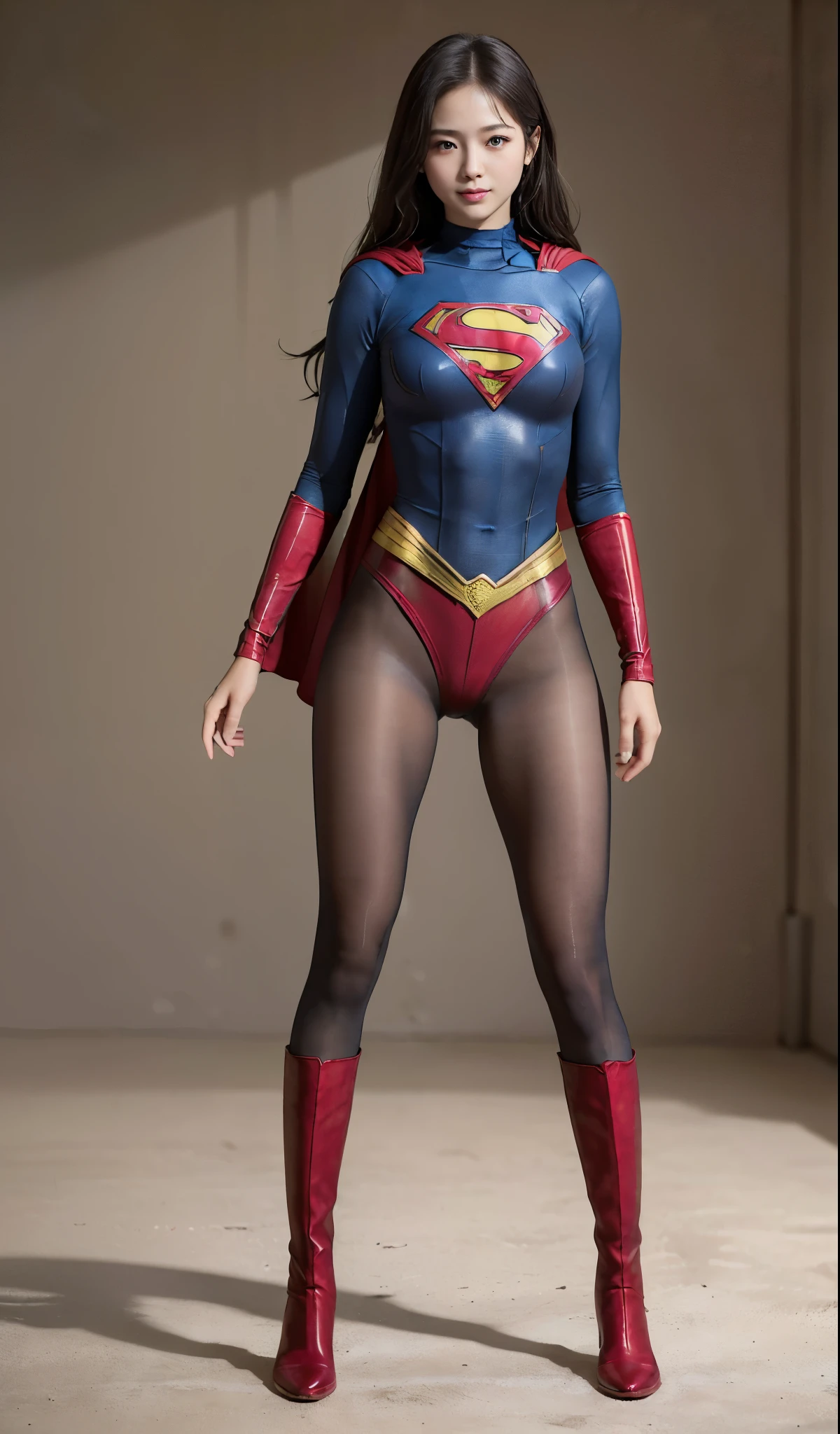 No background、(((Beautiful legs in black tights.)))、(((Legally express the beauty of your smile)))、((((Make the most of your original images)))、(((Supergirl Costume)))、(((Beautiful Hair)))、(((suffering)))、(((Please wear black tights....、Wear red boots)))、((Best image quality、8K))、((highest quality、8K、masterpiece:1.3))、(((Preserve background )))、Sharp focus:1.2、Beautiful woman with perfect figure:1.4、Thin abdominal muscles:1.2、Wet body:1.5、Highly detailed face and skin texture、8K