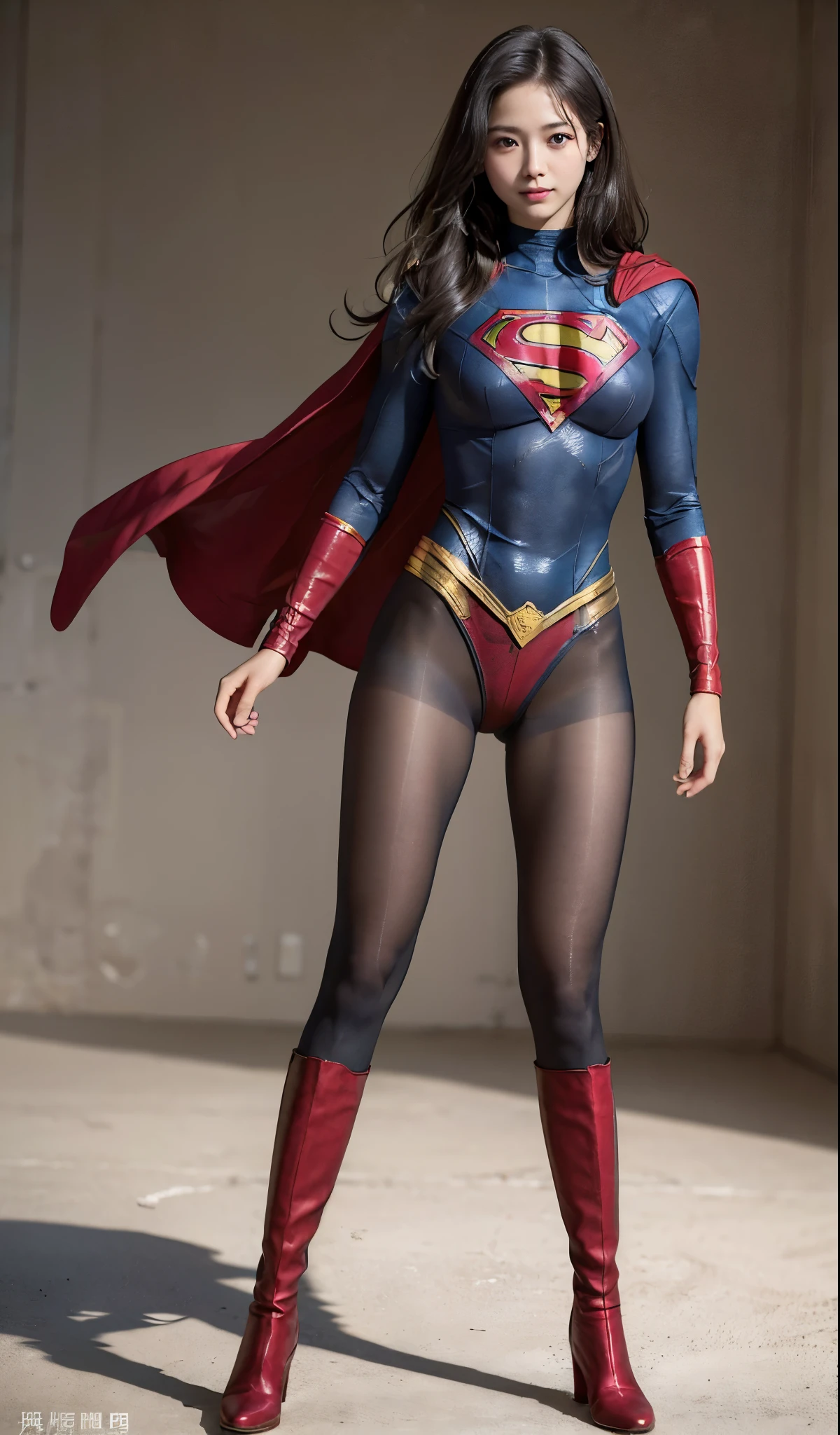 No background、(((Beautiful legs in black tights.)))、(((Legally express the beauty of your smile)))、((((Make the most of your original images)))、(((Supergirl Costume)))、(((Beautiful Hair)))、(((suffering)))、(((Please wear black tights....、Wear red boots)))、((Best image quality、8K))、((highest quality、8K、masterpiece:1.3))、(((Preserve background )))、Sharp focus:1.2、Beautiful woman with perfect figure:1.4、Thin abdominal muscles:1.2、Wet body:1.5、Highly detailed face and skin texture、8K