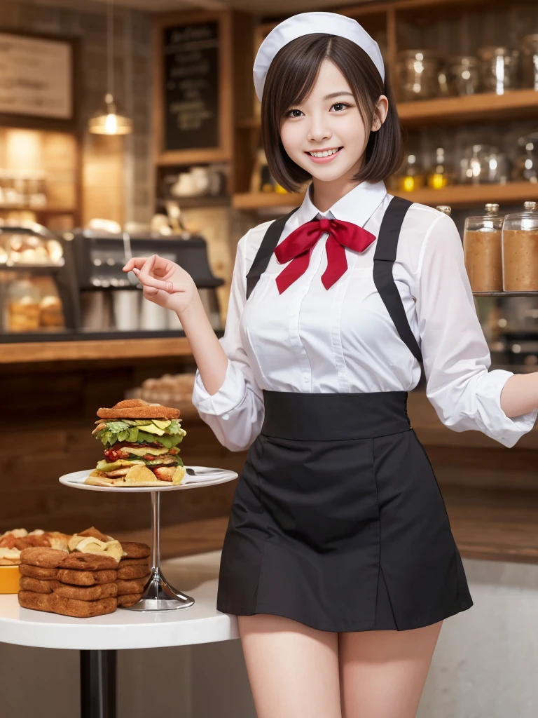 (highest quality),(8K),(masterpiece),(high resolution),(Crisp image quality),(Photorealistic:1.3),Three Women,The background is a cafe,Cafe attendant costume,Huge breasts,Short Hair,Full Body Shot,A waitress uniform that emphasizes the shape of her breasts,smile