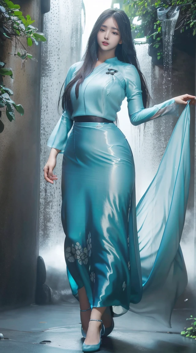 (8k, RAW photo, photorealistic:1.25) ,( lip gloss, eyelashes, glossy side, shiny skin, best quality, ultra high resolution, depth of field, chromatic aberration, caustic, wide light, natural shadow, Kpop idol) , Arad woman in blue dress and thigh socks standing under the waterfall, tall and thin beauty goddess, flowing dress, flowing dress, flowing dress, clouds, flowing realistic fabric, flowing aqua green silk, beautiful flowing fabric, Stunning young ethereal figure, wearing flowing dress, long flowing fabric, realistic beautiful young woman, flowing fabric, (wind: 1.3), blue sky in background, (full body: 1.5), yangmi