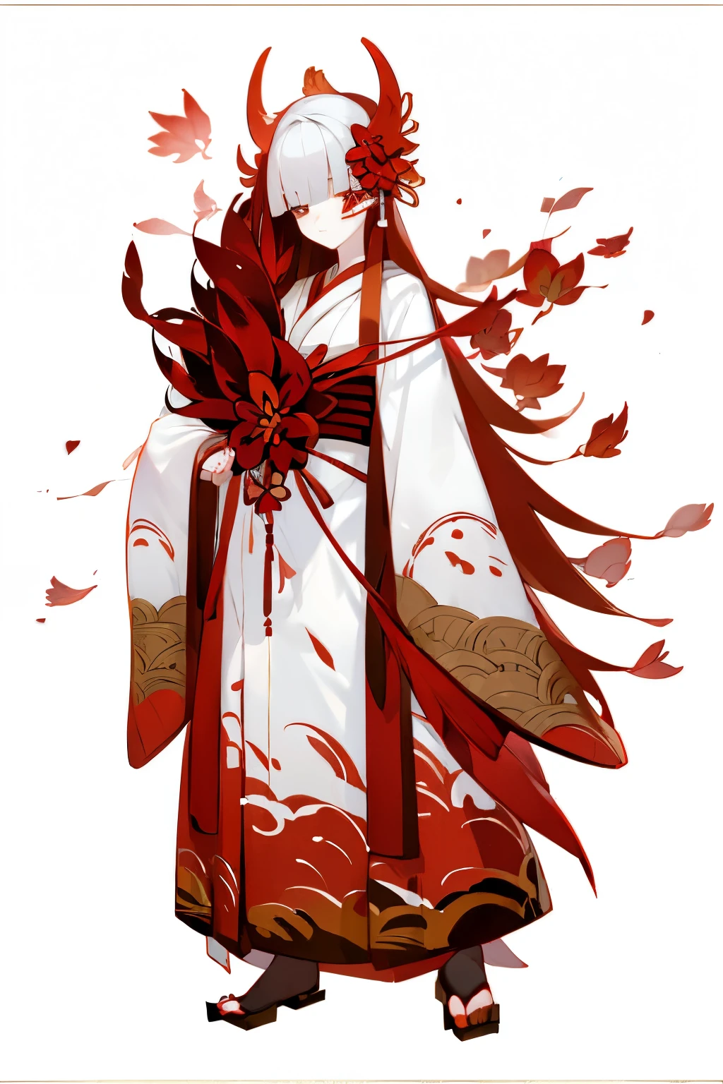 (1girl), solo, solo, Full body standing painting, Japanese kimono, Red lycoris, amaryllis, Flowers of Hell，Hellfire，white background, Onmyoji detailed art, Traditional oriental art style, Beautiful painting style, ukiyo-style, masterpiece, top Quality, best quality, Ultra-high resolution