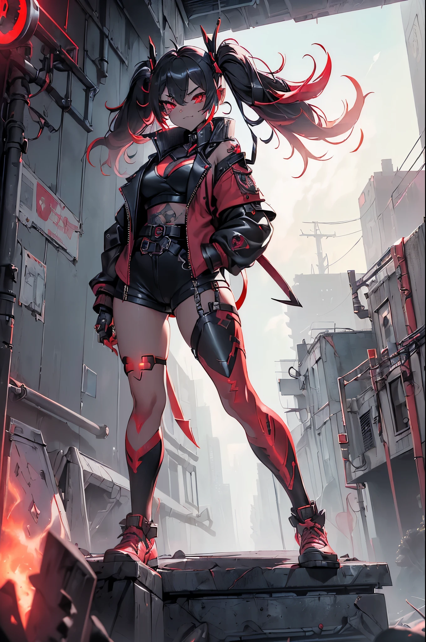 One girl, Rebecca \(cyber punk\), (((full body:1.5),Dynamic Angle,He holds a weapon in his right hand, raised it to his shoulder, and carries it on his shoulder.,Holding a hammer in your hand:1.5)),(One Woman,(Pink twisted twin tails), glowing Red eyes,Laugh fearlessly, Leg Tattoos, Neck Tattoo,  Large Breasts, Black bra, String, Red pupils, Leather Fang, Red eyes, Black jacket:1.35),cyber punk,cyber cityscape,