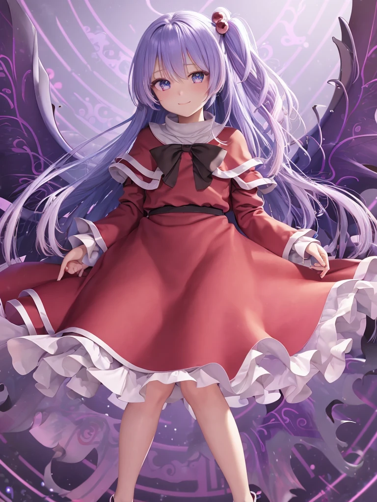 a digital drawing of a fairy looking girl wearing a pink dress with blue hair, masterpiece, best quality, shinki (touhou), 1girl, solo, , one side up, hair ornament, hair bobbles, long hair, side ponytail, blue hair, blue eyes, smile, bangs, red dress, pink sweater, Turtleneck Sweater, long sleeves, capelet, long maxi-skirt, very long skirt, wrap skirt, loafers, wings, multiple wings, purple wings, six purple wings red markings, white hair, long white hair, and wears red robes, Shinki \(touhou\), black bowtie, looking at viewer, white background, simple background, wide shot, very wide shot