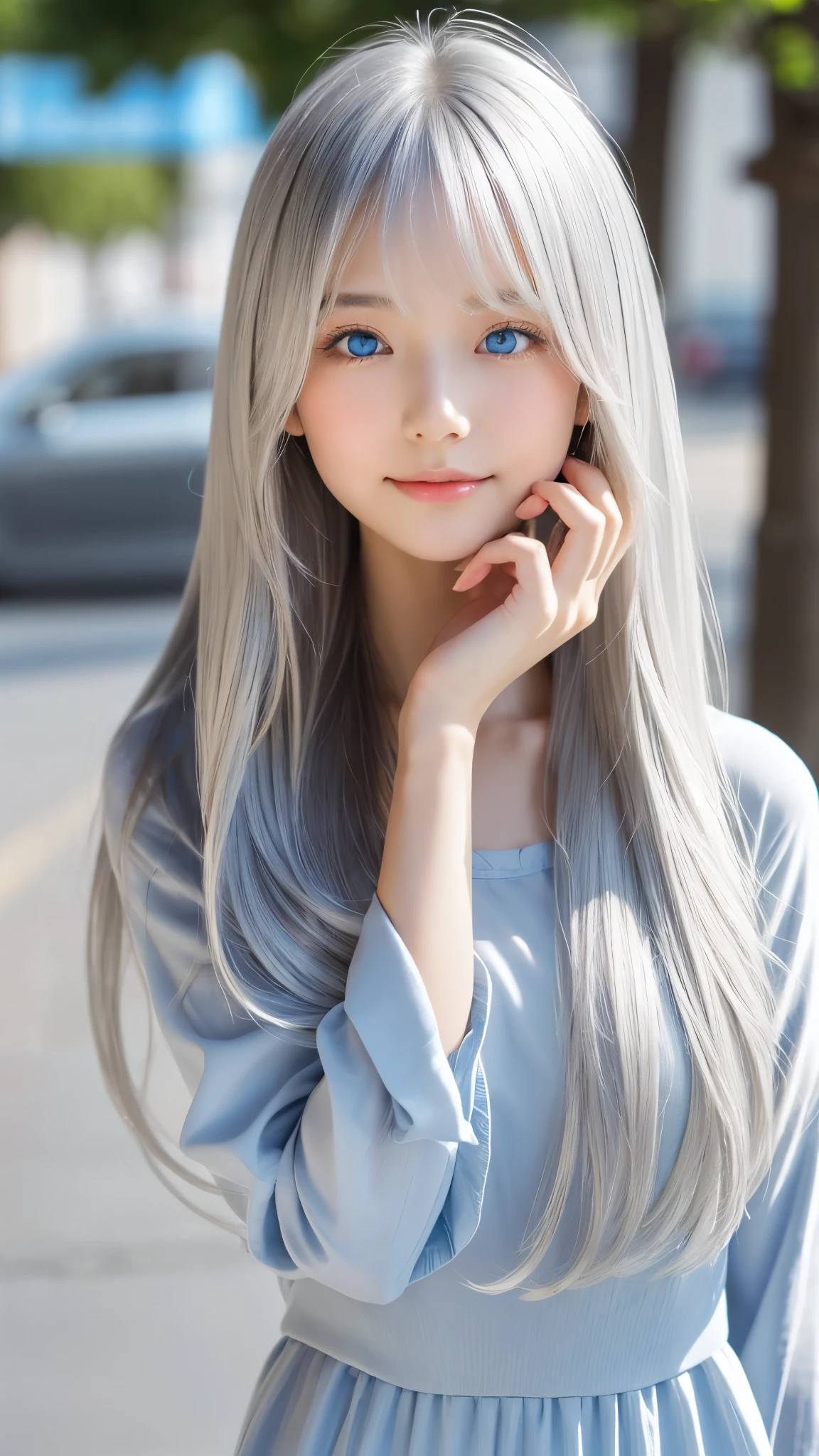 Shining, clear, white skin、Her windblown silver hair hides her beautiful face.、huge、???? beautiful face of 28 years old、Beautiful straight hair that stands out、growing up, Sparkling light blue eyes、???? long silky bangs covering the eyes, ???? young woman with super long hair hiding her ???? face、Shining silver hair