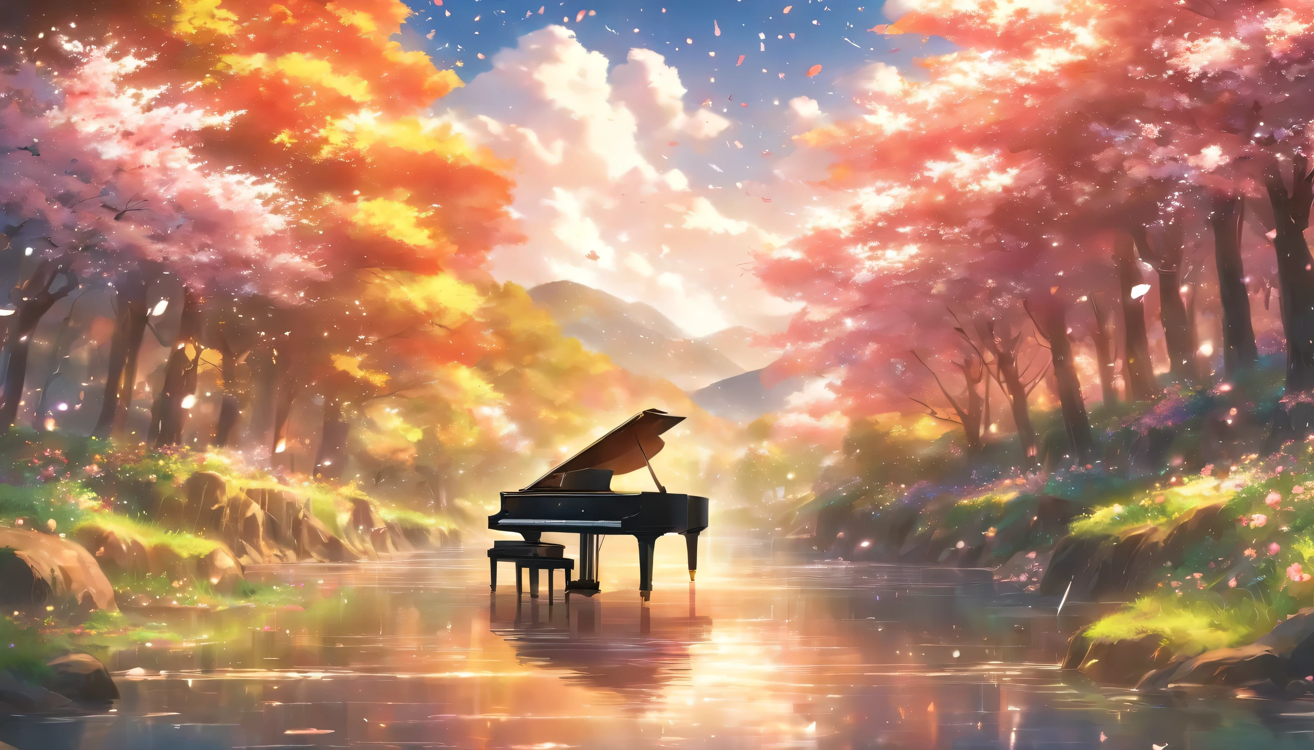 A piano in the middle of the woods near a river、It's raining softly、Colorful flowers are blooming、Rows of cherry blossom trees in full bloom