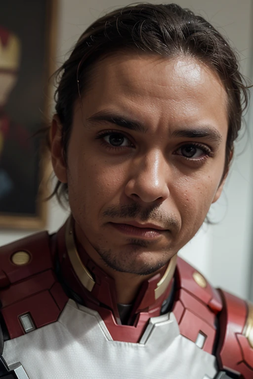 A man wearing an Iron Man costume, with a brave figure, faces the camera, with clear facial features and a cool expression, close-up of his face,
