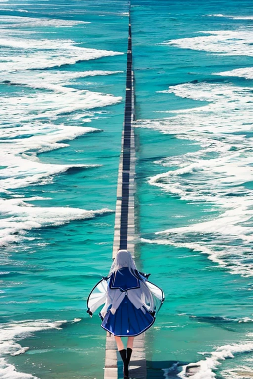 (1 anime girl:1.5) , anime style 4 k, anime style, 8k, anime wallpaper 4 k, anime art wallpaper 4k, anime wallpaper 4k, anime art wallpaper 4 k, beautiful anime portrait, anime visual of a cute girl, nightcore, digital anime illustration, beautiful anime girl, anime vibes , (long hair:1.3), straight hair, sea, Moses splitting the sea, (splitting the sea:1.9), back view, landscape