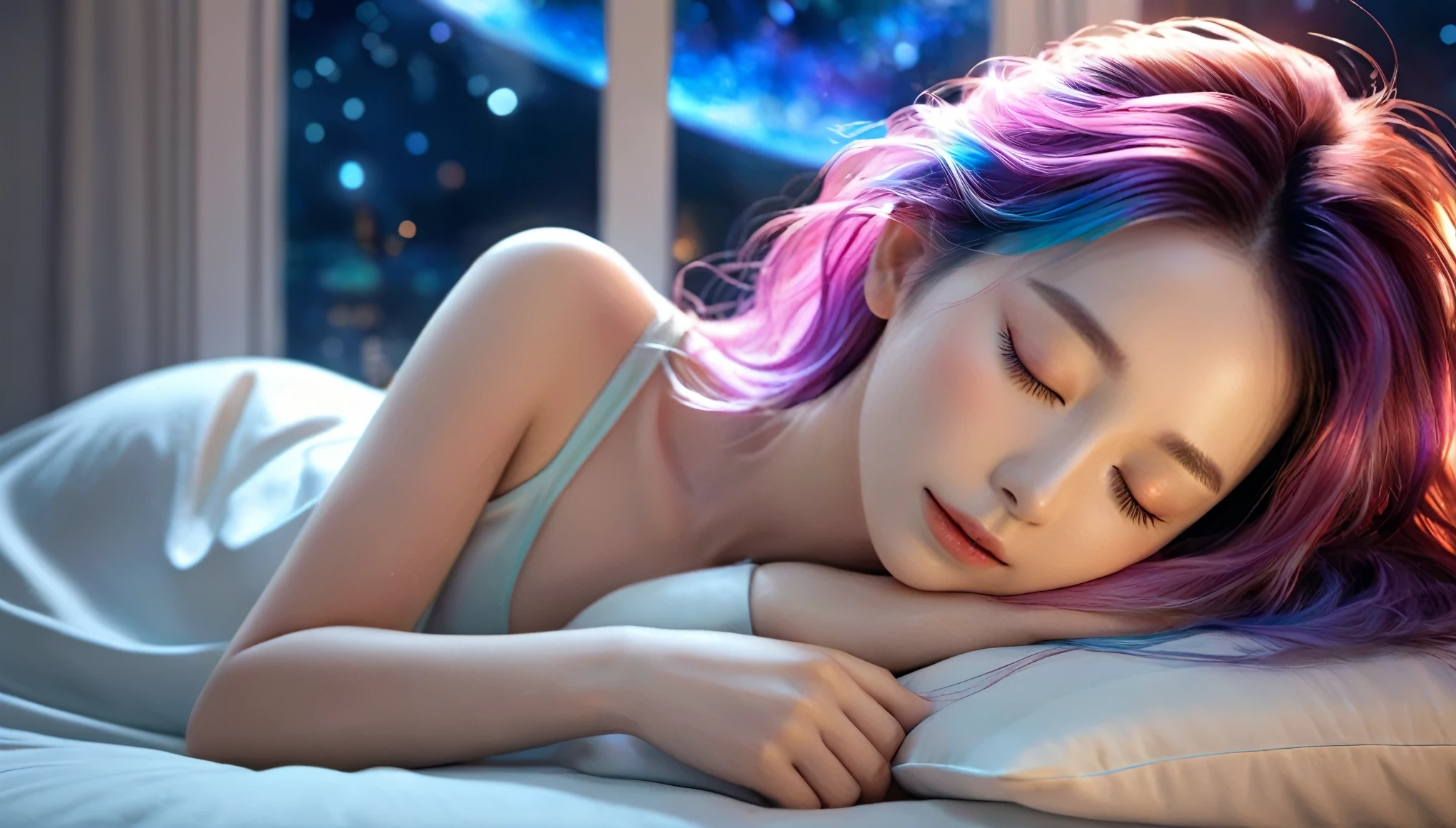 (best quality,8k,ultra-detailed:1.2),(CG,CG art,3D rendering),(masterpiece:1.2),(movie lighting,futuristic),(woman lying in bed,sleeping,closed eyes),(large window behind her,tranquil night),(colorful hair:1.5)