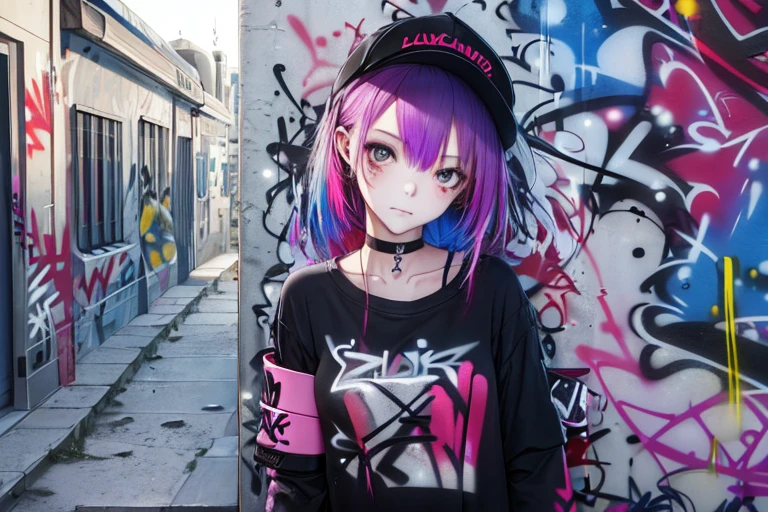 1girl, Wear casual clothes with accessories, choker, (graffiti:1.5), paint splatter, staircase, looking at viewer, armband, thigh strap, head tilt, multicolored hair, (sensual pose, full shot), (dreamy:1.1), (Highly detailed), (high resolution), (Best quality), (masterpiece)
