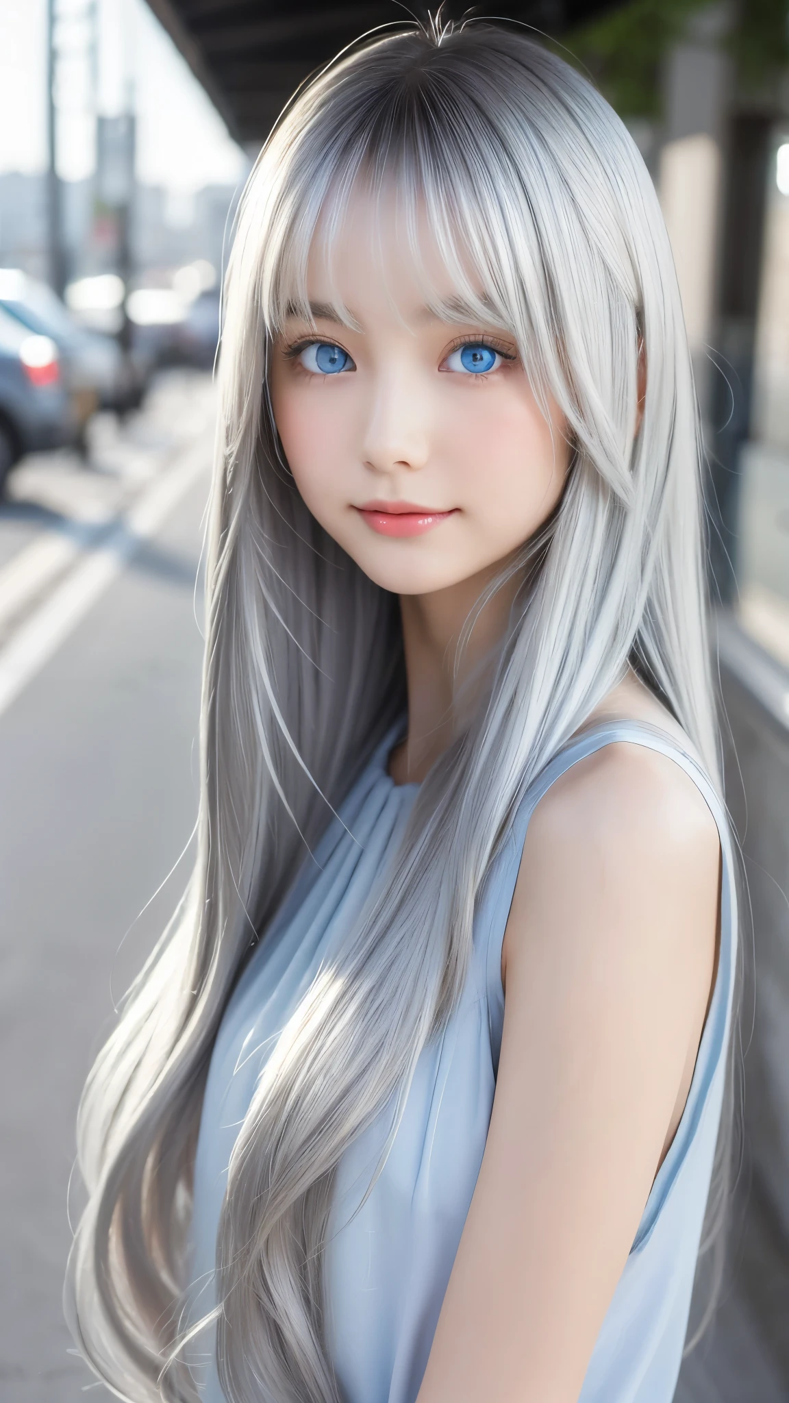 Shining, clear, white skin、Her windblown silver hair hides her beautiful face.、huge、Sexy beautiful face of 28 years old、Beautiful straight hair that stands out、growing up, Sparkling light blue eyes、Sexy long silky bangs covering the eyes, Sexy young woman with super long hair hiding her sexy face、Shining silver hair