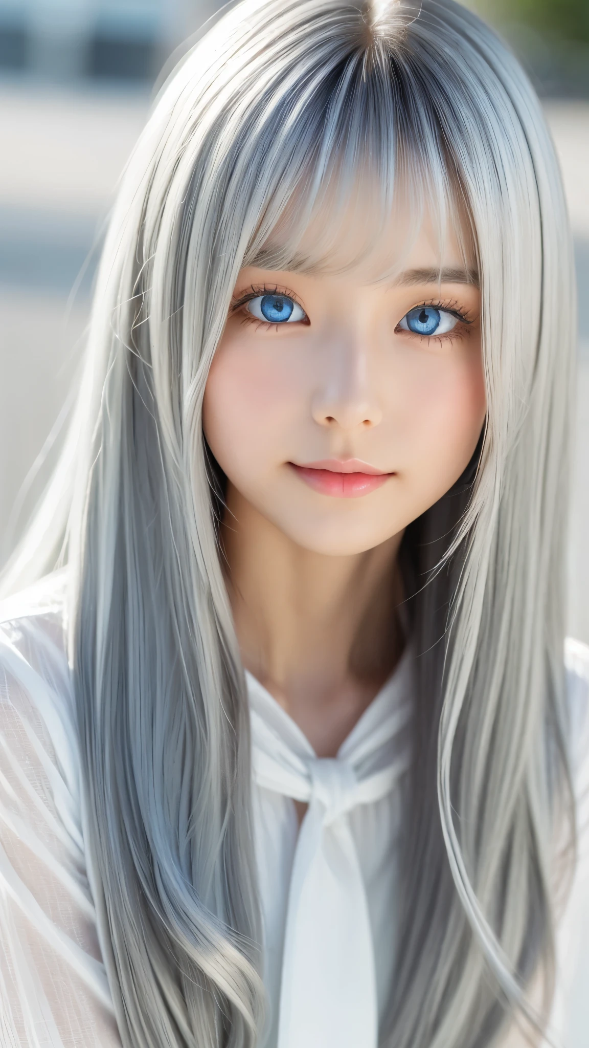 Shining, clear, white skin、Her windblown silver hair hides her beautiful face.、huge、Sexy beautiful face of 28 years old、Beautiful straight hair that stands out、growing up, Sparkling light blue eyes、Sexy long silky bangs covering the eyes, Sexy young woman with super long hair hiding her sexy face、Shining silver hair