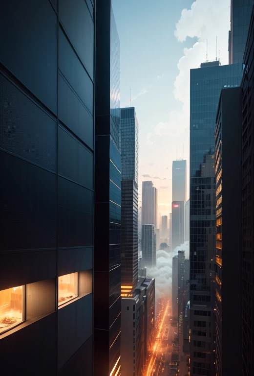 image taken from behind the shoulder of a GIRL with her back turned and DRESSED IN A HOOD from a balcony of a futuristic building with, She is looking at an aerial view of an ultra-futuristic North American megalopolis, view of the entire city with many metal buildings and houses in dark colors from dark blue to black, a cidade tem tons de cinza metal, has smoky metal structures , industrial environment with smoke and fog around, carros escuros nas ruas, desert megalopolis, trilhos e trens modernos de de metal passando estre as ruas da cidade, tall futuristic metal buildings, many ultra modern buildings around, , as realistic as possible, As detailed as possible, Science fiction