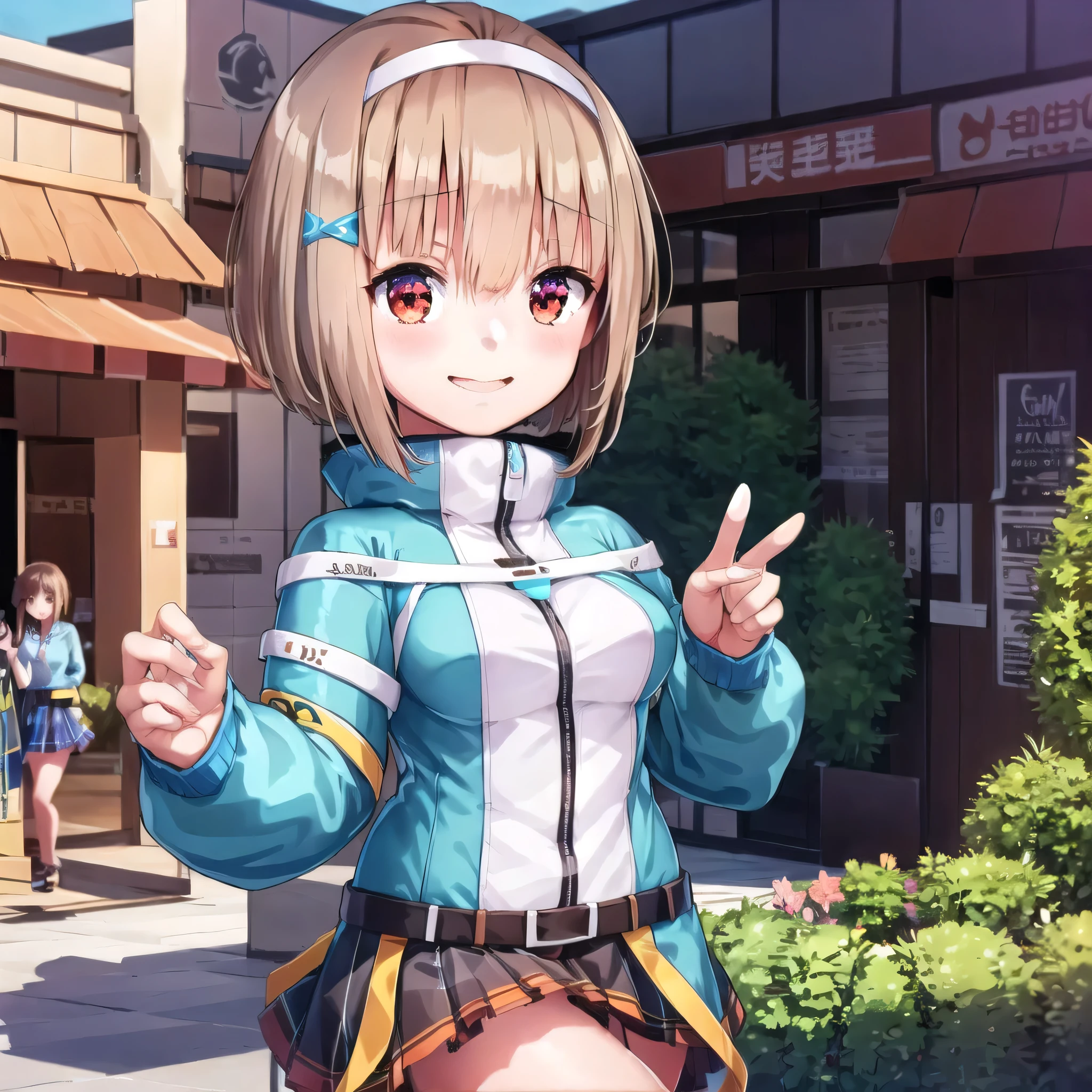 highest quality, Very detailed, figure,
YamazakiDaily, convenience store, scenery, Shop head, Day Book, scenery, shop, Outdoor, convenience store, null, sign, road, building, Shop head, Day, Real-world locations, blue null, city, street,
(One girl, alone:1.4), skirt、Outdoor、Jacket、Smile、Pleated skirt、Long sleeve、Looking at the viewer、Open your mouth、hair band、bangs、Red eyes、short hair、wood、hair ornaments、Day、chest、belt、black skirt、Green jacket、((((garden)))、Brown Hair、Mini skirt、zipper、null、白いhair band、headset、:d、Medium breast、Raise your hand、Are standing、Cowboy Shot、Green null、Hair between the eyes、rainbow、Heavy breathing、blush、Torogao、
 