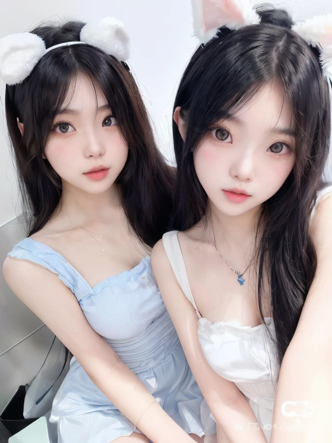 two asian girls with long hair and bunny ears posing for a picture, ulzzang, two beautiful anime girls, cutecore, two girls, pale milky white porcelain skin, beautiful gemini twins, with cute - fine - face, trending at cgstation, with a twin, cute beautiful, milky white skin, lovely and cute, young cute wan asian face
