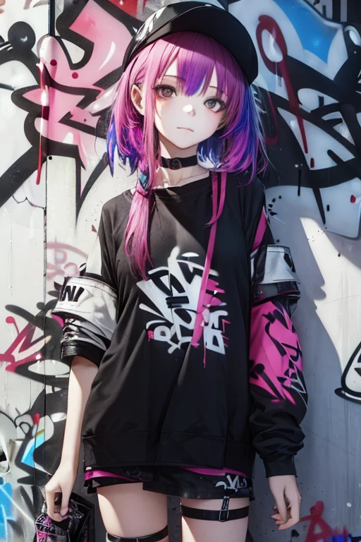 1girl, Wear casual clothes with accessories, choker, (graffiti:1.5), paint splatter, staircase, looking at viewer, armband, thigh strap, head tilt, multicolored hair, (sensual pose, full shot), (dreamy:1.1), (Highly detailed), (high resolution), (Best quality), (masterpiece)
