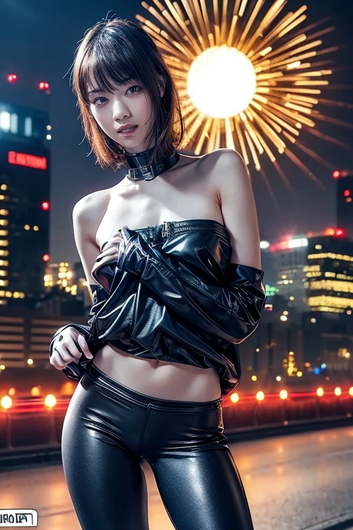 (8k, RAW Photos, highest quality, masterpiece:1.2), (Realistic, photo-Realistic:1.37),(Japanese Idols), cute,Professional Lighting, Photon Mapping, Physically Based Rendering, Cosplay, Lucy ,(cyber punk),Bobcut,Machinery Parts,Grey Eyes, Black rubber material,(Bodysuits),cyber punk city, (Black trousers,High leggings),night,Neon Light,sexy,cigarette,Slender waist circumference、 View audience,, 8K High Resolution, 8k, CG wallpaper, Realistic, Clear Background, Medium Chest, whole body, ((Erect nipples:0.8 ))