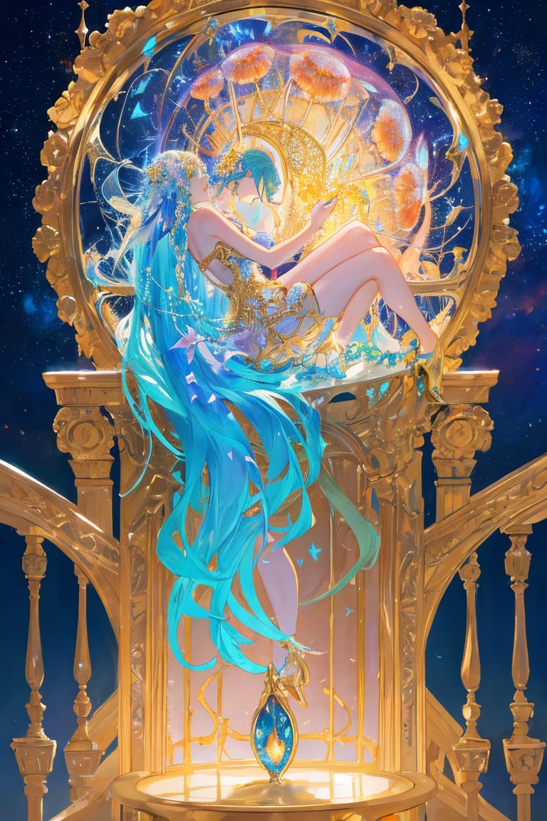 a stunning interpretation of nike high heel shoe sneaker, made of jellyfish, advertsiement, solarpunk, highly detailed and intricate, golden ratio, very colorful, hypermaximalist, ornate, luxury, Gorgeous crystal palace, CG rendering European style, overlooking, fairy tale, rose surround, lighting effect, heavenly, starry sky, super detail, illustration, 4K, unreal engine, ethereal cloud, HD..