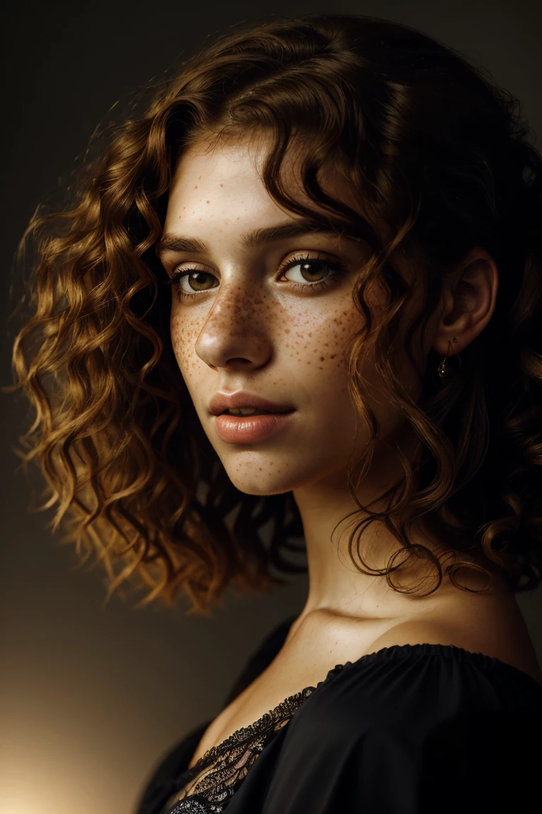 a photographic portrait of a beautiful girl with curls and lots of freckles, (cabelo loiro sujo:1.10), (retrato de rosto:1.5), dramatic light, Rembrandt lighting scheme