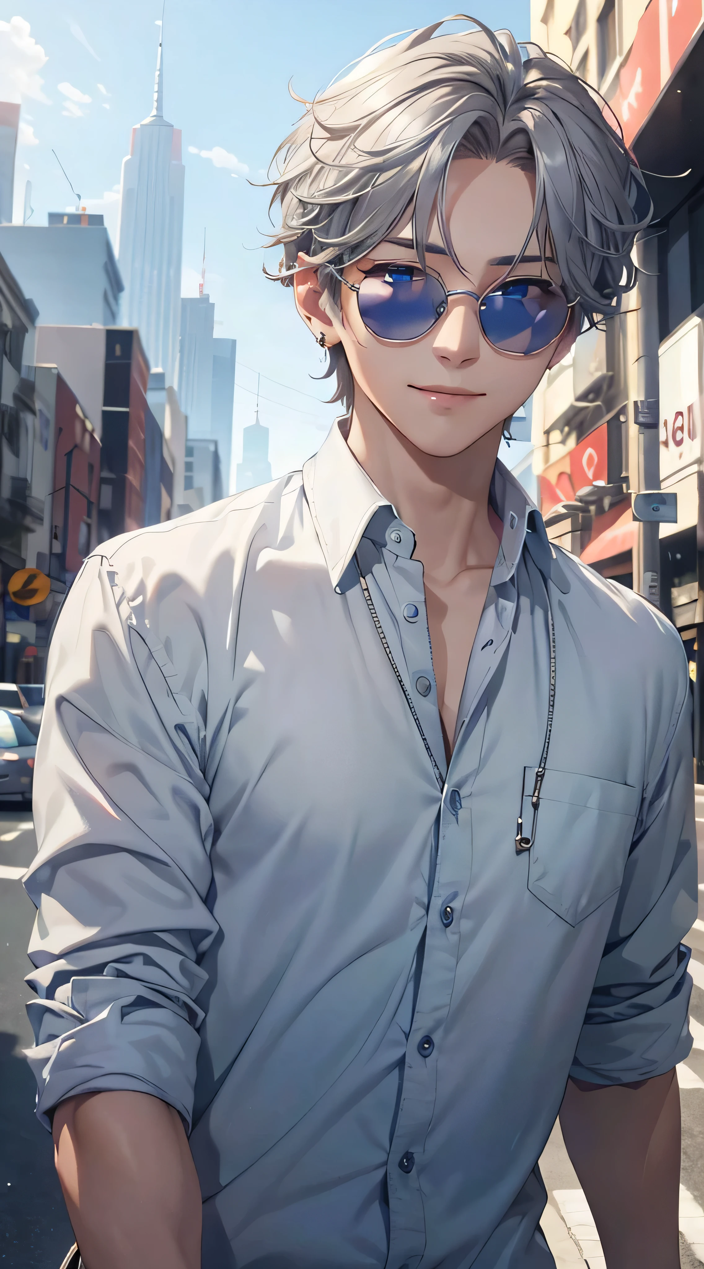 (Absurd、High resolution、Very detailed、Hmph)、masterpiece、highest quality、male 、alone、good looking、short hair、Gray Hair、blue eyes、Beautiful eyes and detailed features、Casual clothing、True Shadow、joy、Connect your ears、Upper Body、Blur the background、smile、City of night、sunglasses