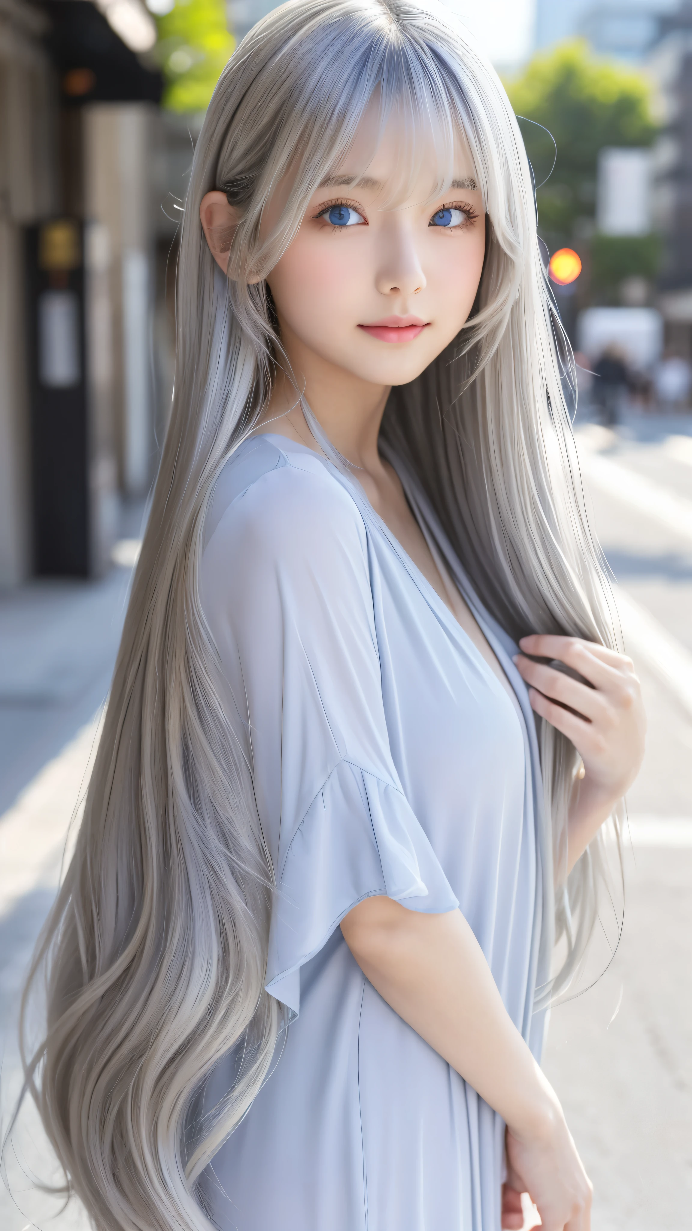 Shining, clear, white skin、Her windblown silver hair hides her beautiful face.、huge、Sexy beautiful face of 28 years old、Beautiful straight hair that stands out、growing up, Sparkling light blue eyes、Sexy long silky bangs covering the eyes, Sexy young woman with super long hair hiding her sexy face、Shining silver hair