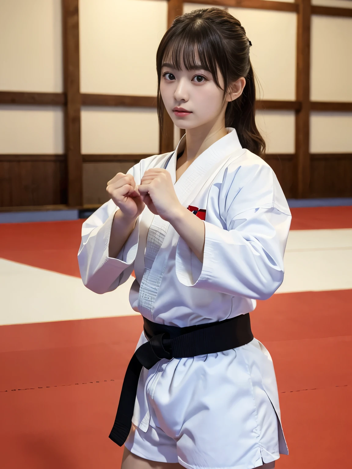 Best image quality,highest quality,masterpiece,4K,8k,highest quality,女性karate,in a karate道場 ring,  Chudan Gyakutsu pose, karate, Young Japanese Woman, Japanese Girls,karateのUniform,Black belt,karate大会、whole body、Big Breasts、Uniform、Shorts、Too much exposure