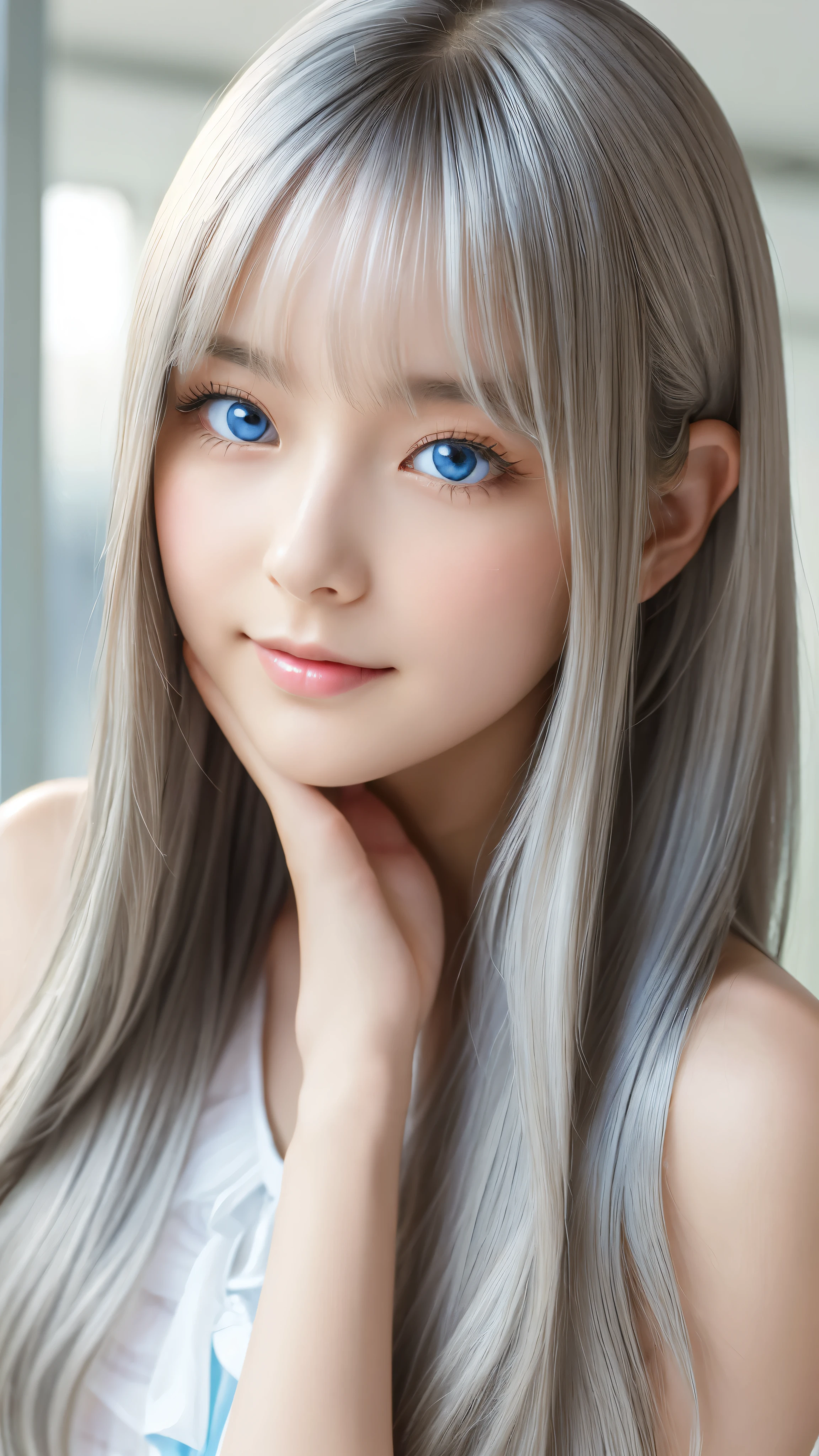 Shining, clear, white skin、Her windblown silver hair hides her beautiful face.、huge、Sexy beautiful face of 28 years old、Beautiful straight hair that stands out、growing up, Sparkling light blue eyes、Sexy long silky bangs covering the eyes, Sexy young woman with super long hair hiding her sexy face、Shining silver hair
