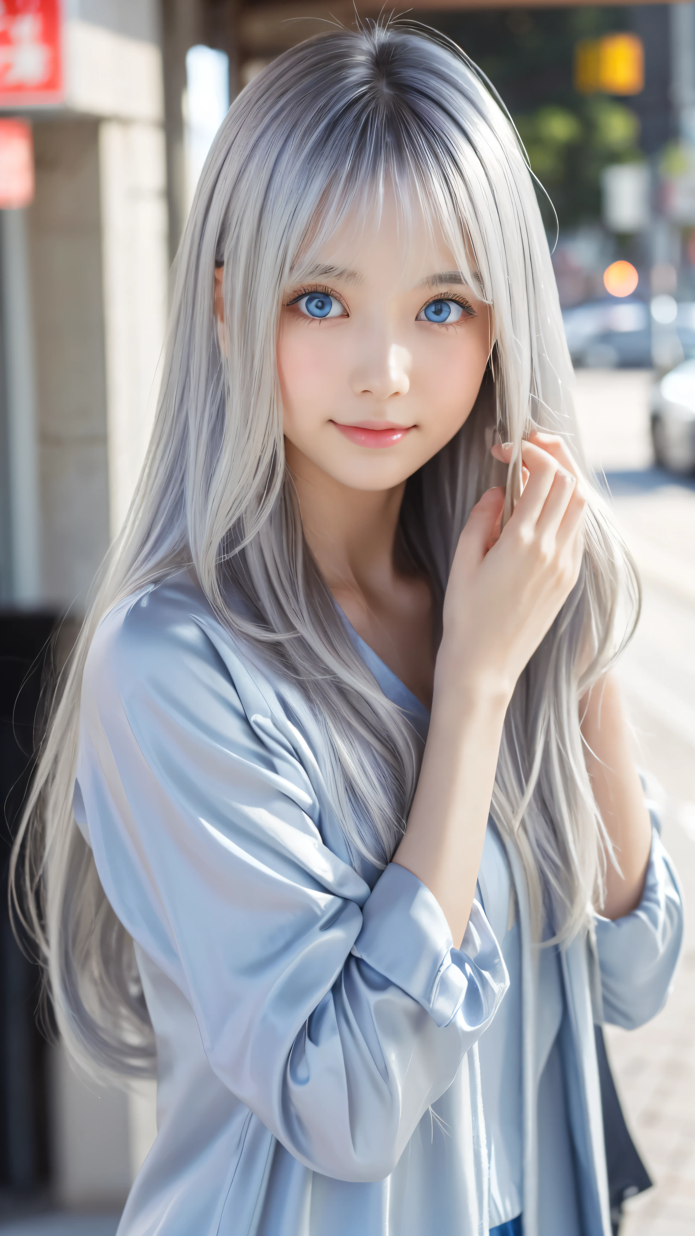 Shining, clear, white skin、Her windblown silver hair hides her beautiful face.、huge、Sexy beautiful face of 28 years old、Beautiful straight hair that stands out、growing up, Sparkling light blue eyes、Sexy long silky bangs covering the eyes, Sexy young woman with super long hair hiding her sexy face、Shining silver hair