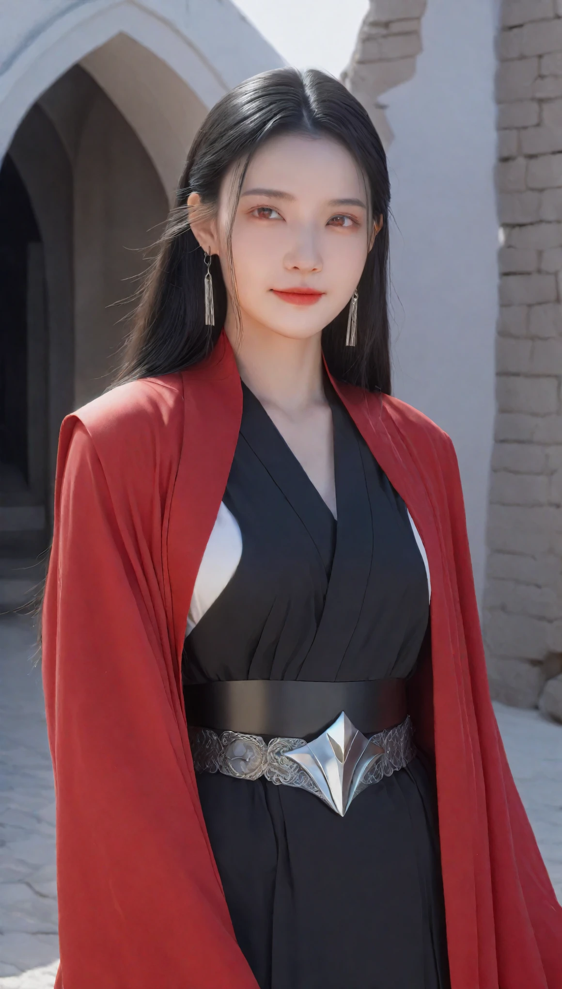 A stunningly detailed and beautiful CG illustration, rendered in 8k with an octane engine for the highest quality and realism. The focus is on a girl with long, straight black hair and red eyes, wearing black armor and a red robe, embodying the essence of a dark knight. Her face is beautifully crafted, and her figure is perfect, accentuated by an earring and a narrow waist. She stands in an indoor setting amidst ruins, with fire in the background, looking out at a view with an alluring, prestige-filled evil laugh.