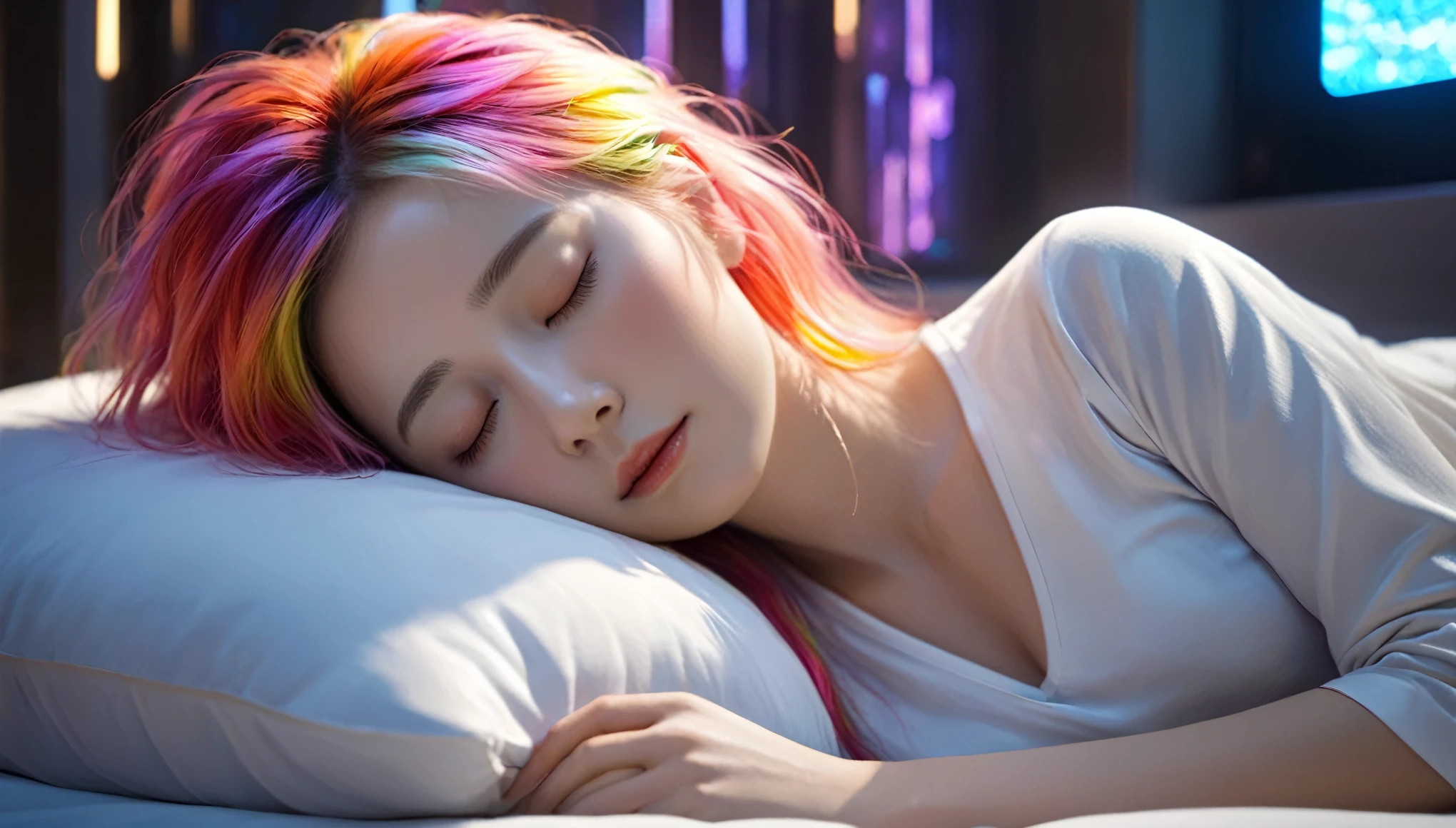 (best quality,8k,ultra-detailed:1.2),(CG,CG art,3D rendering),(masterpiece:1.2),(movie lighting,futuristic),(woman lying in bed,sleeping,closed eyes),(large window behind her,tranquil night),(colorful hair:1.5)