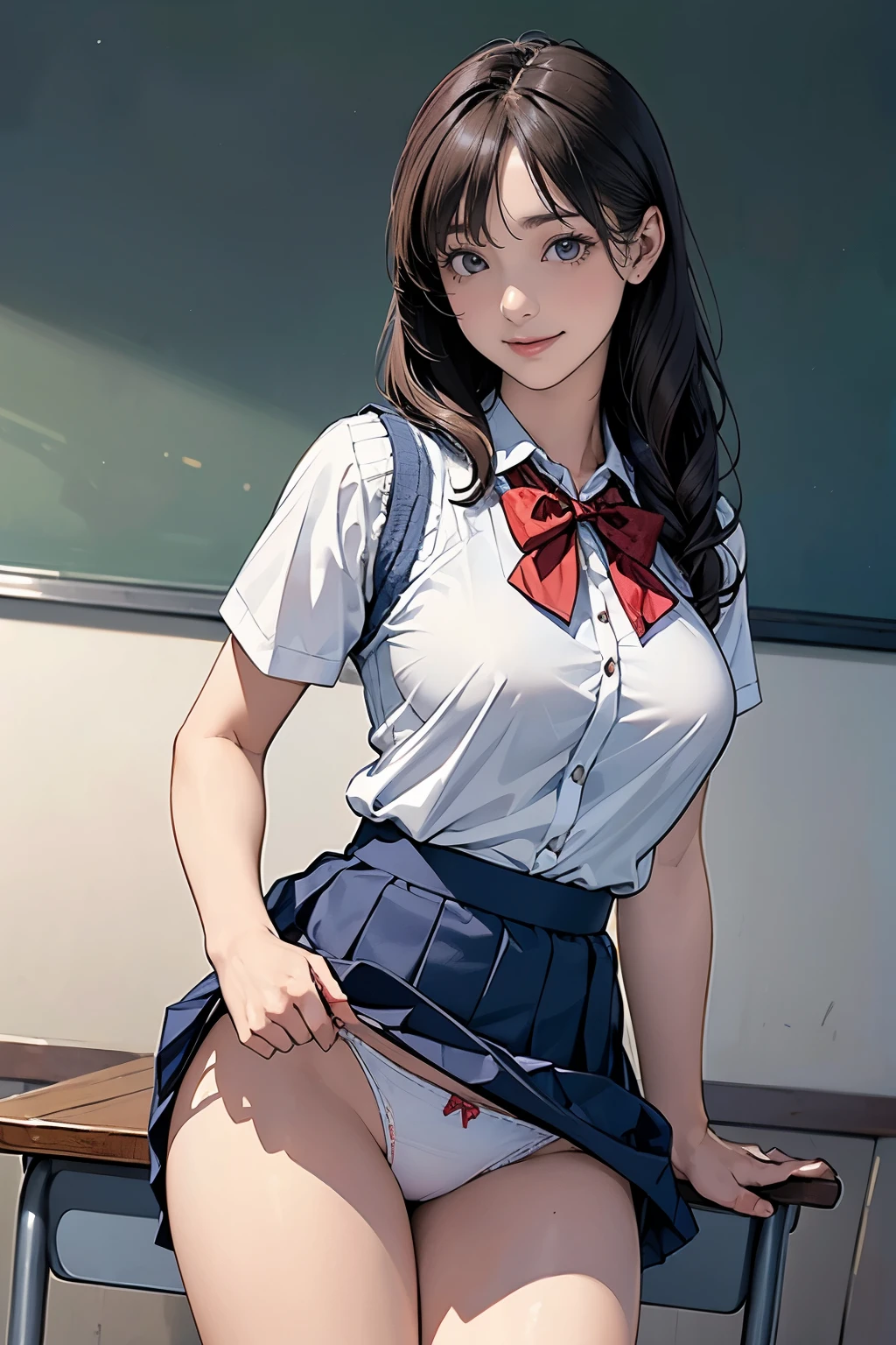 (masterpiece、highest quality)、Beautiful illustrations、Gazing at the viewer、Beautiful thighs、Front view、1 girl、 high school girl、A high school girl who looks 25 years old、Shiny skin、(Random Hairstyles)、Big eyes、Long eyelashes、very tall、 Beautiful Hair、Beautiful Face、Beautiful Eyes、 Beautiful breastiful thighs、Beautiful legs、Beautiful fingers、(((brown knit vest、Short sleeve white collar shirt、Navy Pleated Skirt)))、((Red bow tie))、(In the classroom)、Are standing、((smile))、(((((Skirt lift with both hands、I can see your panties)))))