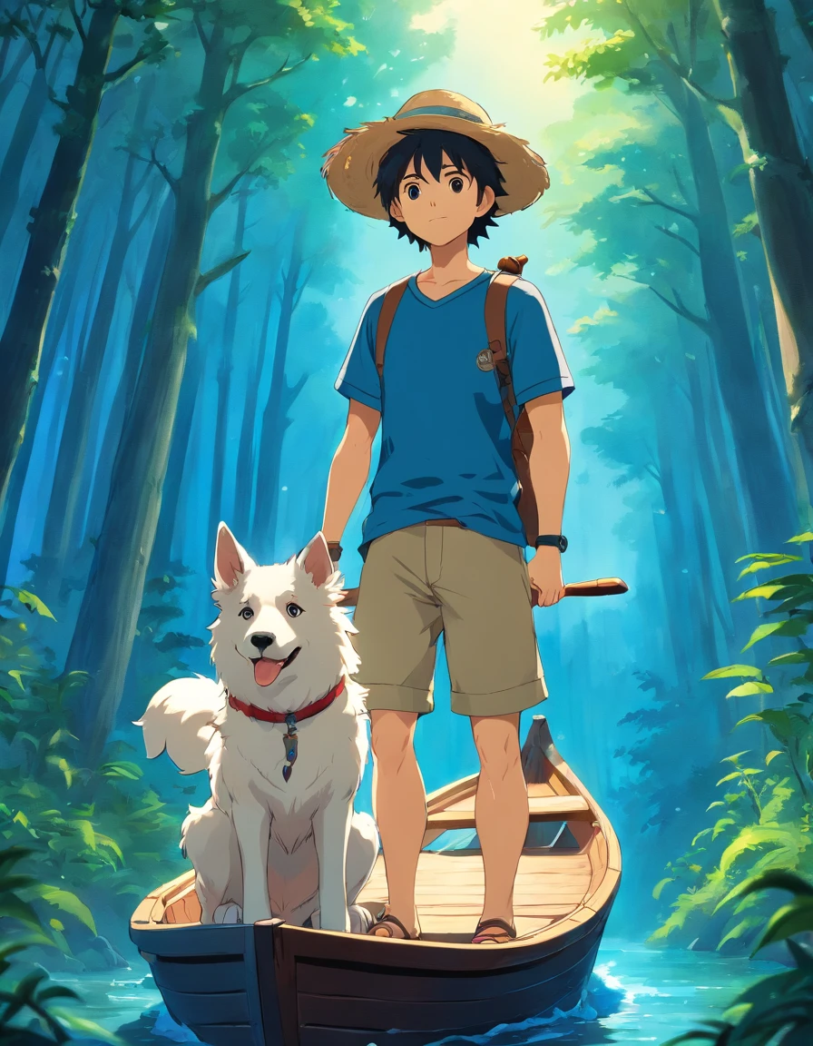 Homem, adventure hero, a boat oar is your weapon, wears a straw hat, usa bermuda preta, usa camiseta azul marinho, night forest background, a white shepherd dog is your companion, olham para a lua cheia, are on a trail, sem barcos